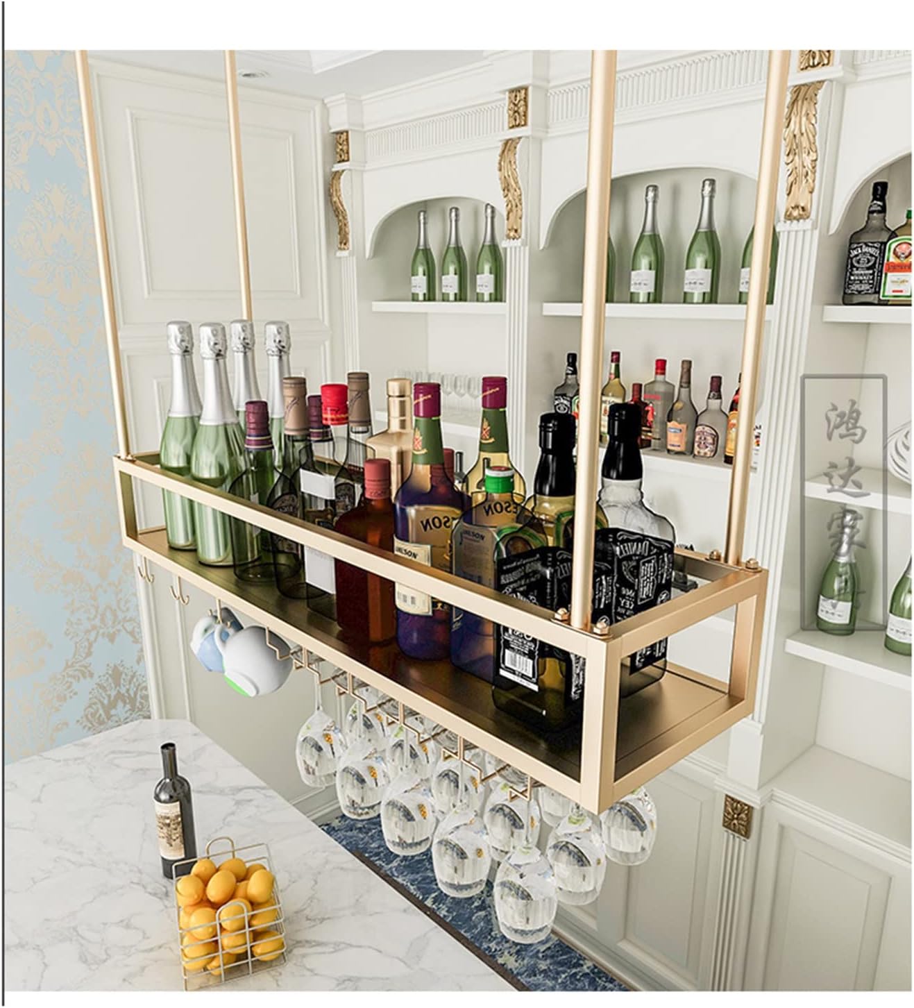 Suuim Gold Ceiling Wine Rack with Flower Holder