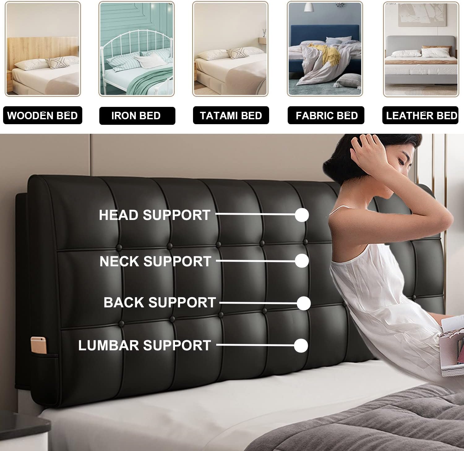 ZZYK Rectangle Bed Backboard Reading Pillow with Headboard Black