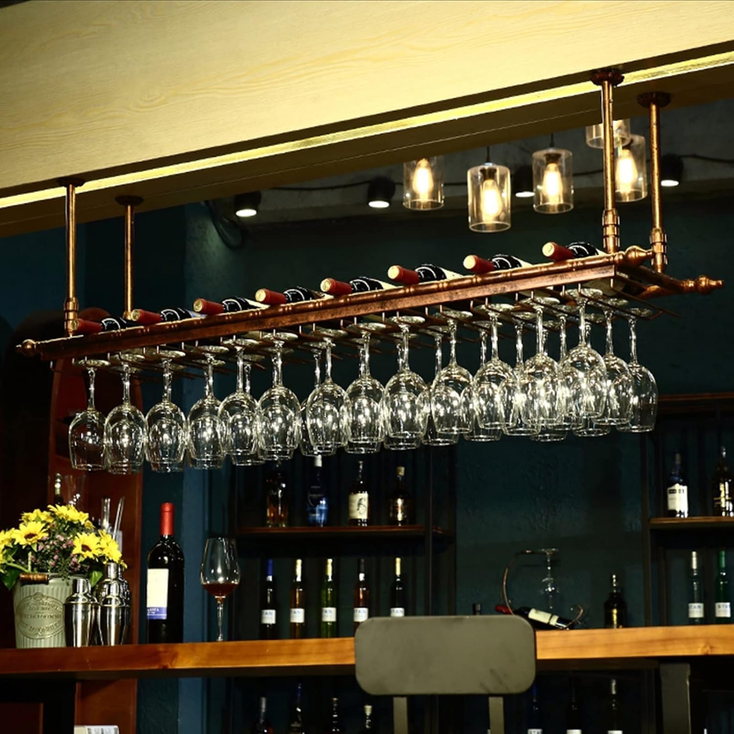 Ceiling Hanging Wine Rack with Glass Holder Black 80x35cm 1