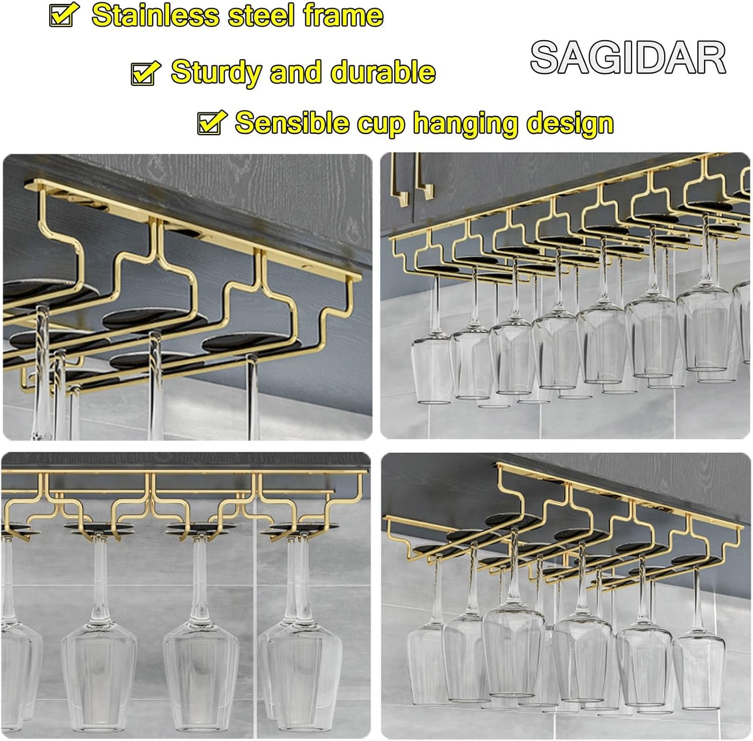 SAGIDAR Wine Glass Holder Under Cabinet Gold
