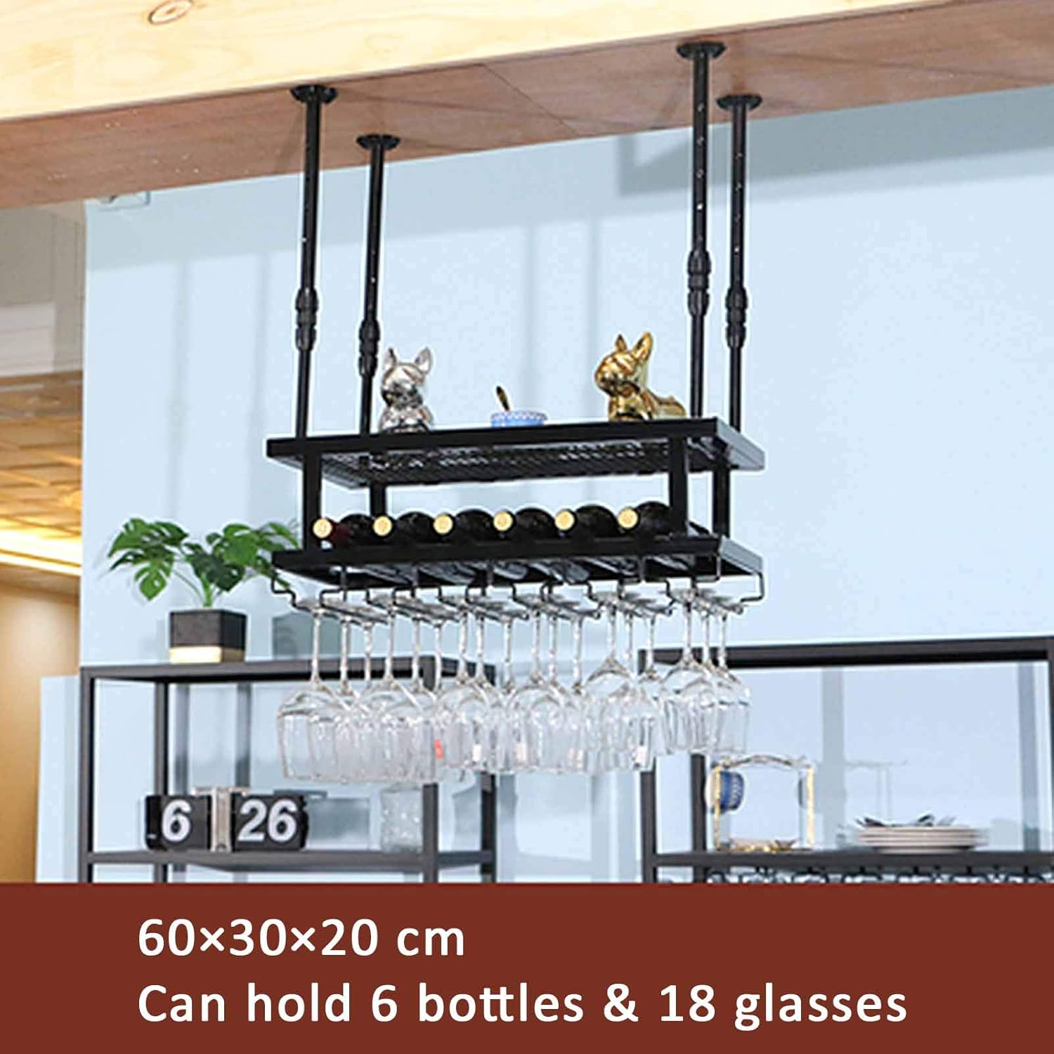 Ceiling Wine Rack Black Adjustable 60cm Wall Mounted