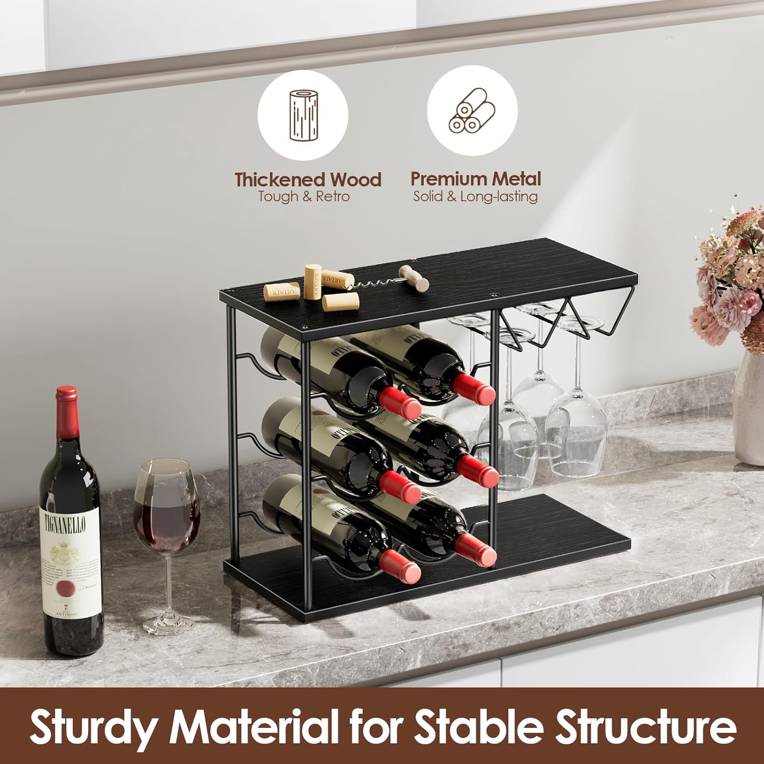 Nuovoware 2 in 1 Wine Rack for 6 Bottles 4 Glasses Black