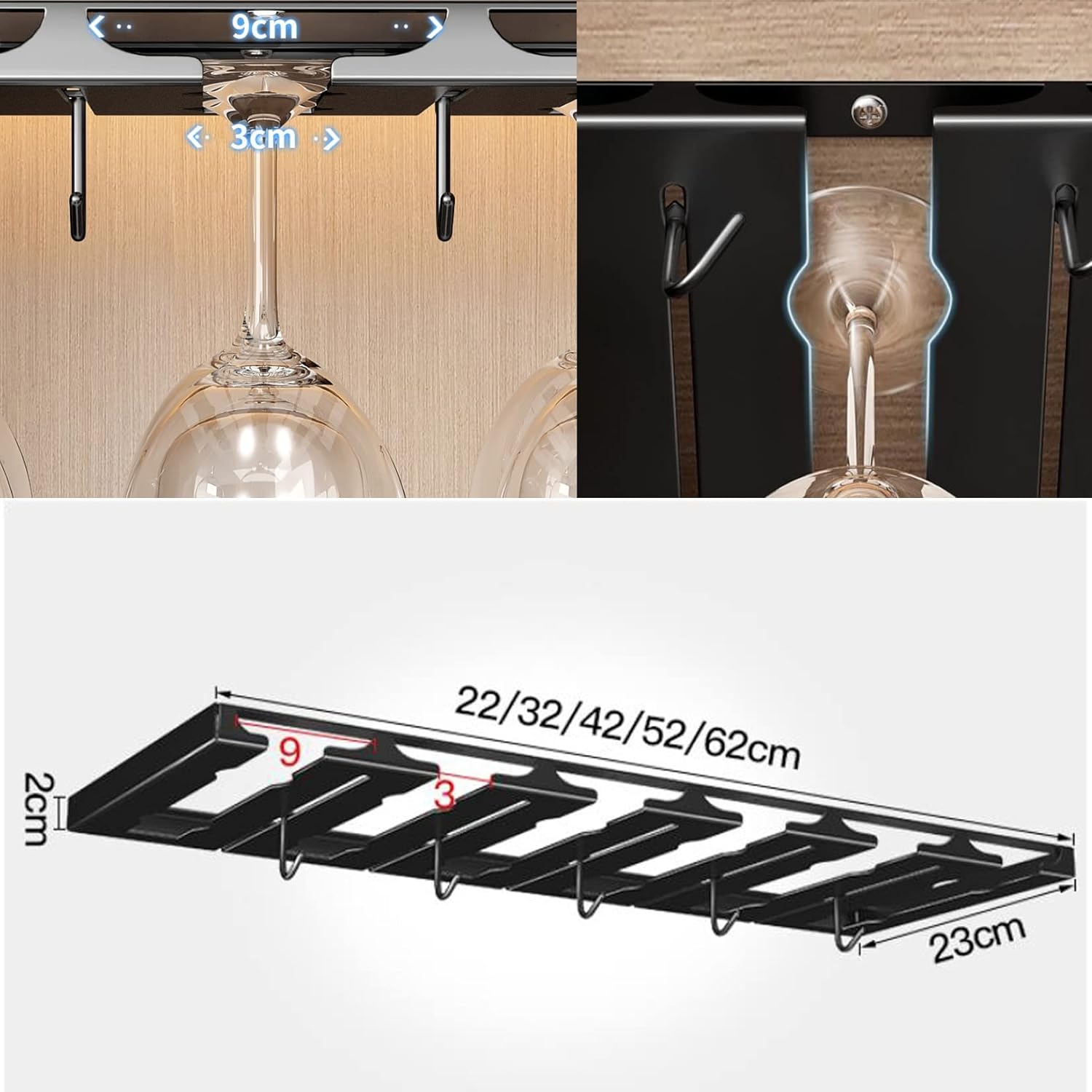 WORDFUN Adjustable Wine Glass Rack - 3 Rows Black Stainless Steel