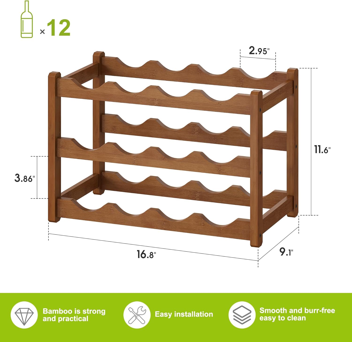 BMOSU 3 Tier Bamboo Wine Rack 12 Bottle Storage Cabinet