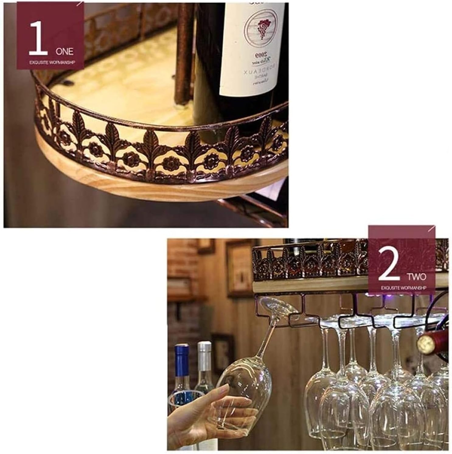Ceiling Hanging Wine Rack with Glass Holder Shelf