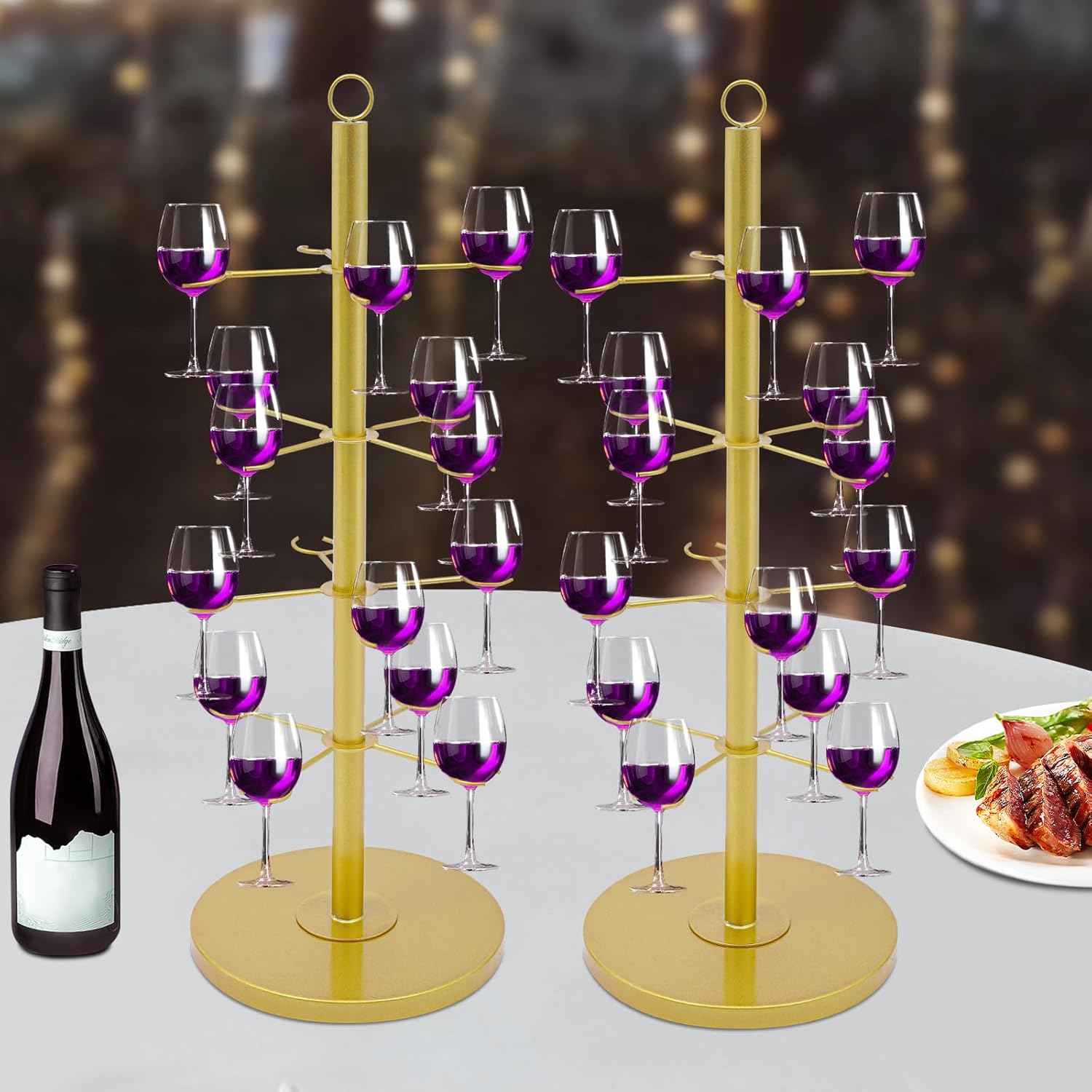 2 Pack Wine Glass Rack with 4 Tiers and 16 Glass Capacity Gold