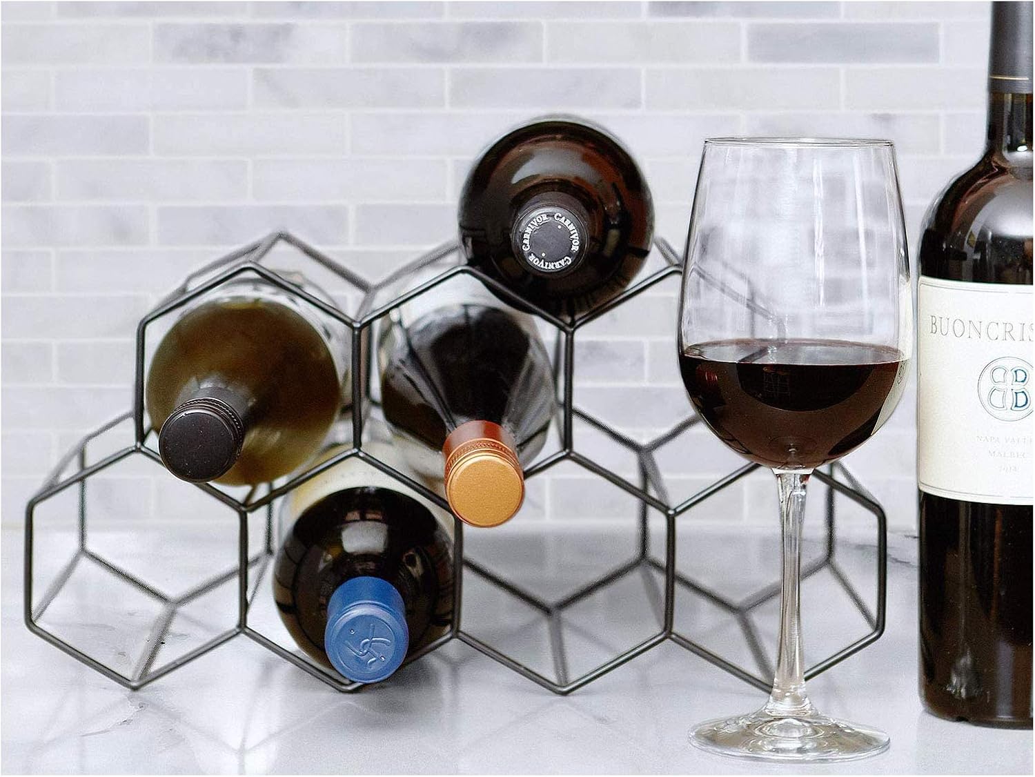 BOCbco Metal Wine Rack - Freestanding 9 Bottle Holder with Geometric Design Black