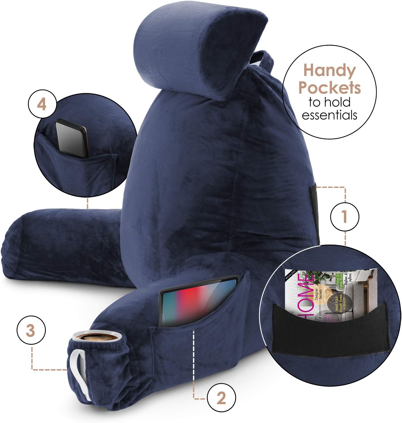 Clara Clark Navy Blue Reading Pillow with Memory Foam Support
