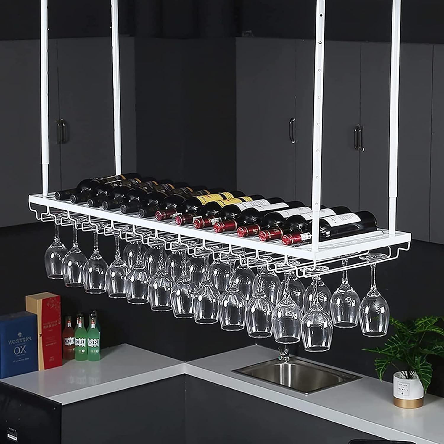 Iron Wine Rack Wall Mounted with Glass Holder Adjustable Ceiling Rack