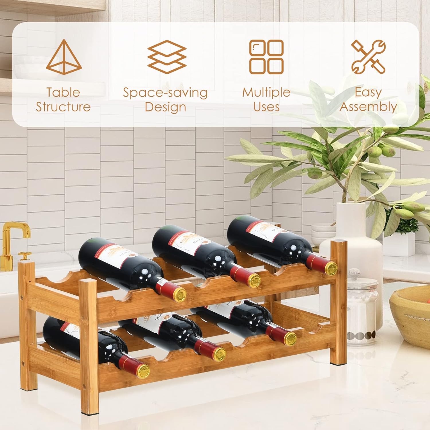 COSTWAY 12 Bottle Bamboo Wine Rack 2-Tier Freestanding
