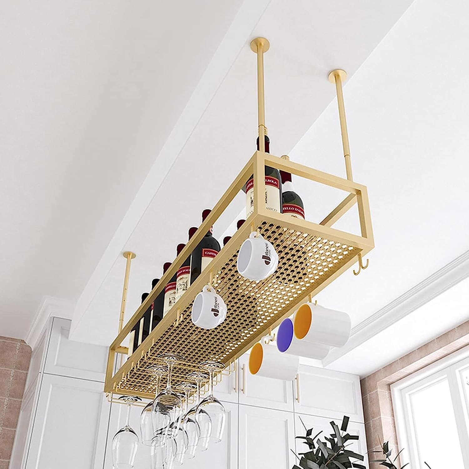 Ceiling Wine Glass Rack - Iron Holder Height Adjustable Durable Modern Design