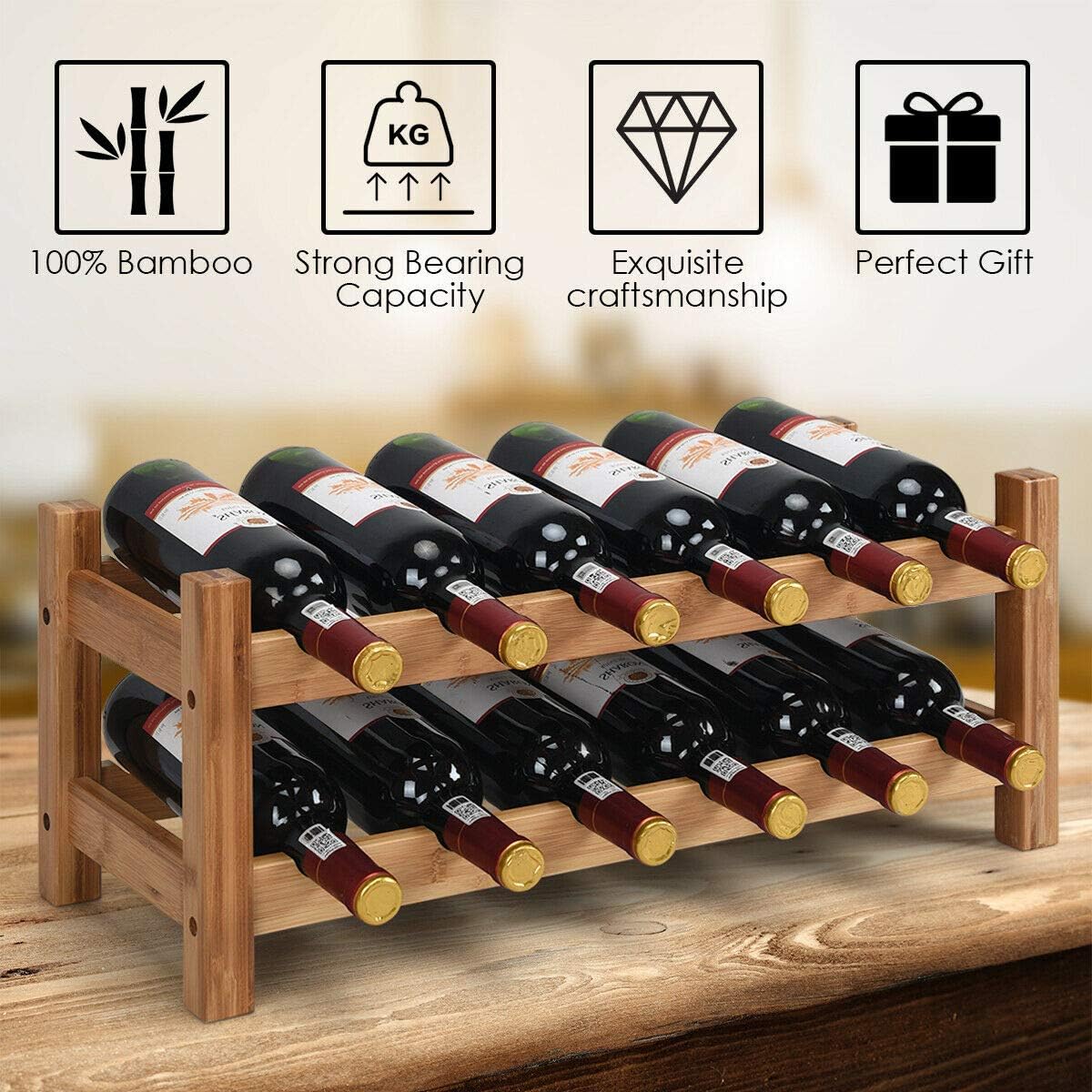 COSTWAY 12-Bottle Bamboo Wine Rack Free Standing