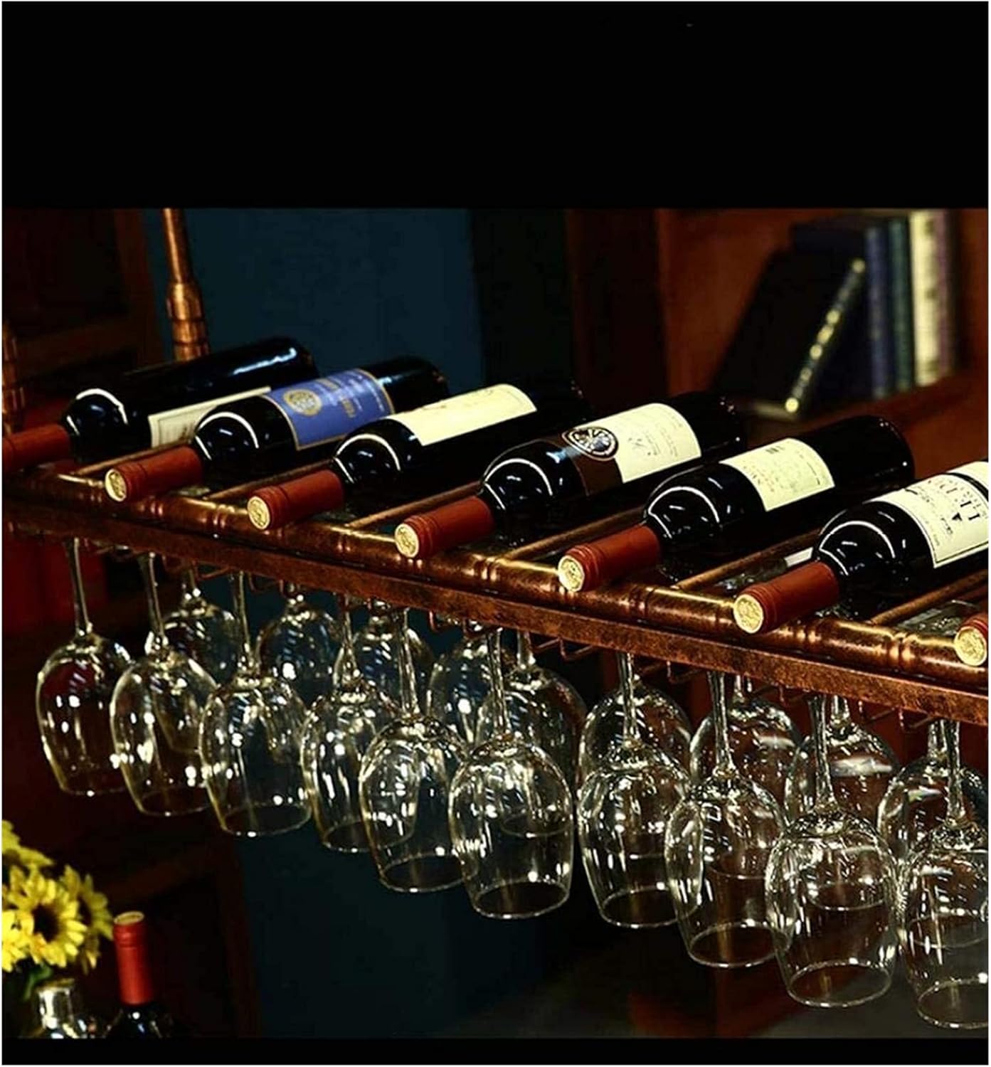 Hanging Wine Rack with Glass Holder and Shelf - 100cm30cm Bronze