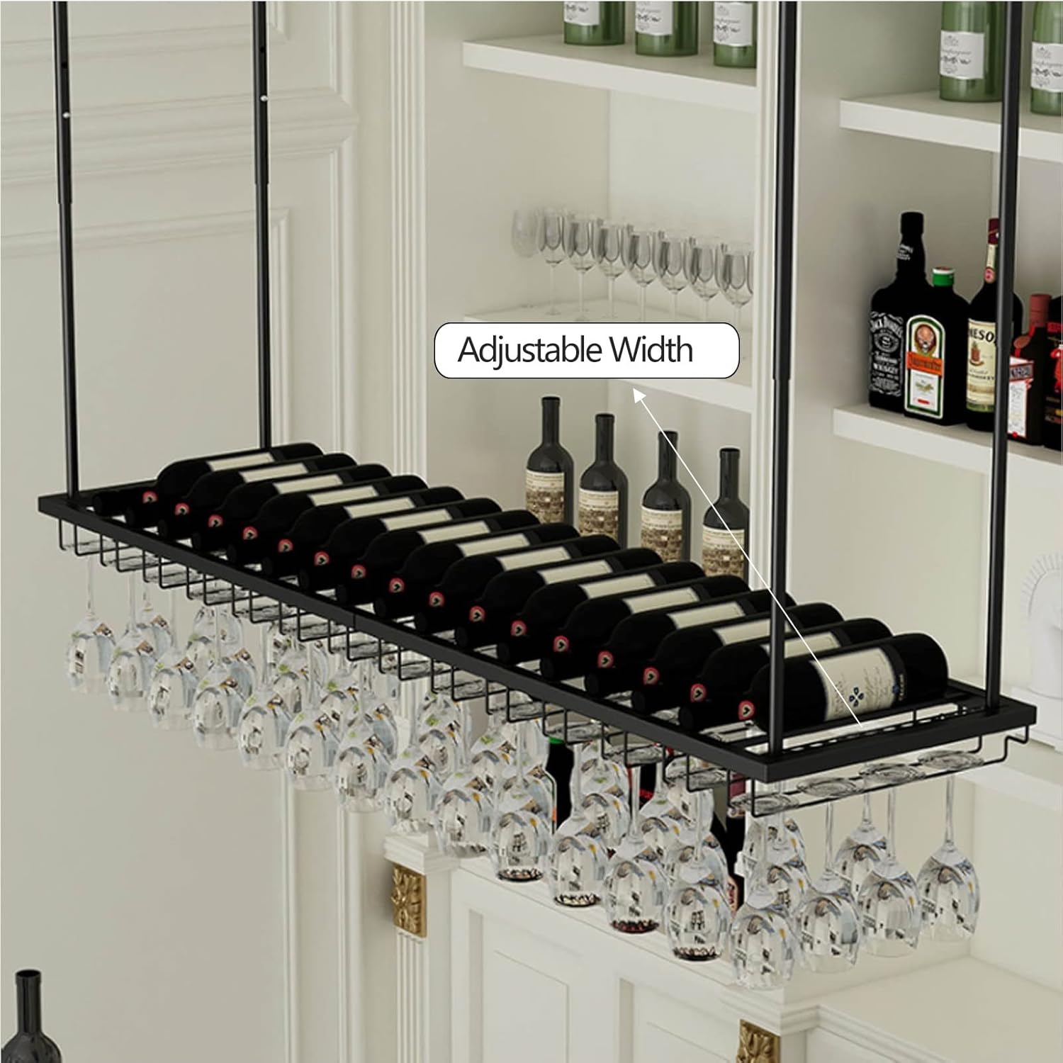 Ceiling Wine Rack Black Adjustable Floating Shelves for Kitchen and Bar