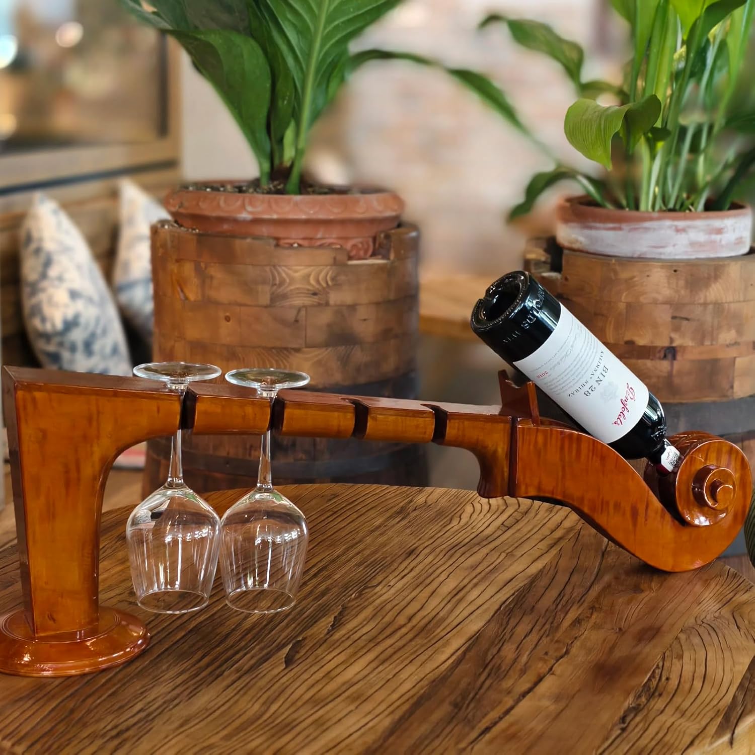 Violin-Inspired Solid Wood Wine Rack - 4 Bottles 4 Glasses 1