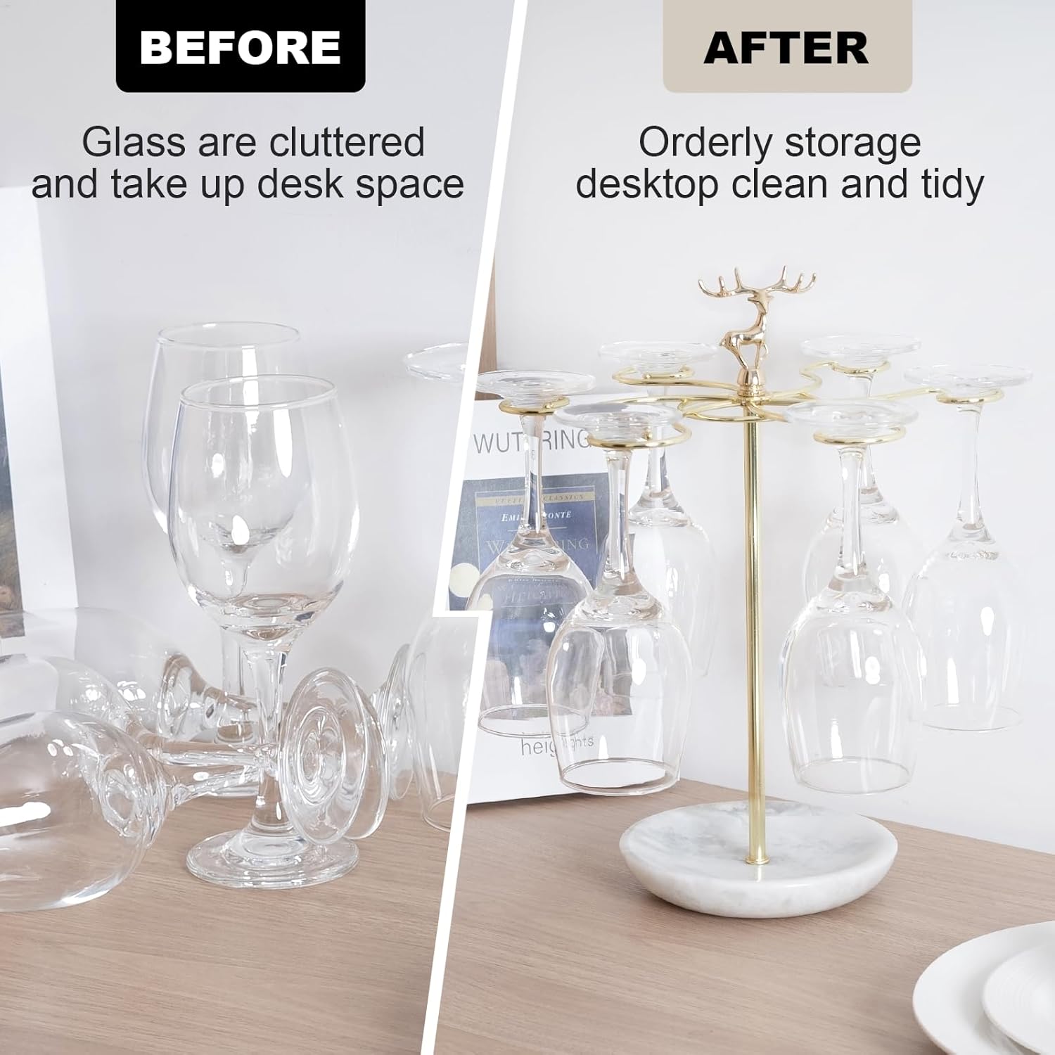 Wine Glass Holder with Marble Base and 6 Hooks