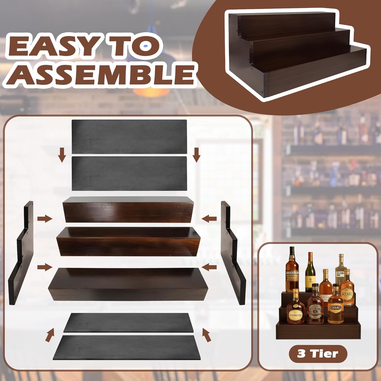 Royxen 3 Tier Wood Liquor Shelf - Brown 16 Inch Wide