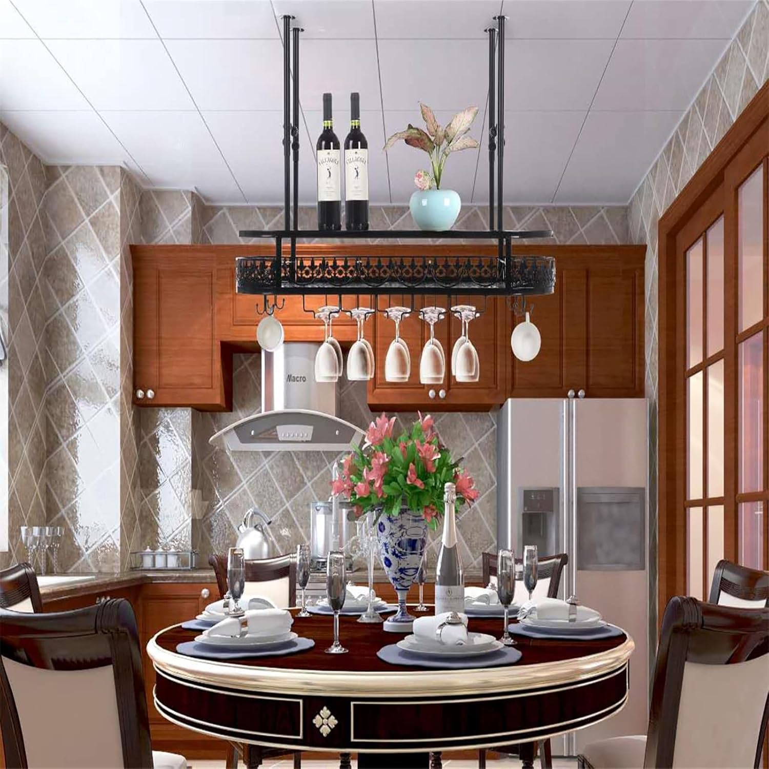 Adjustable Ceiling Wine Glass Rack with 2-Layer Storage Black