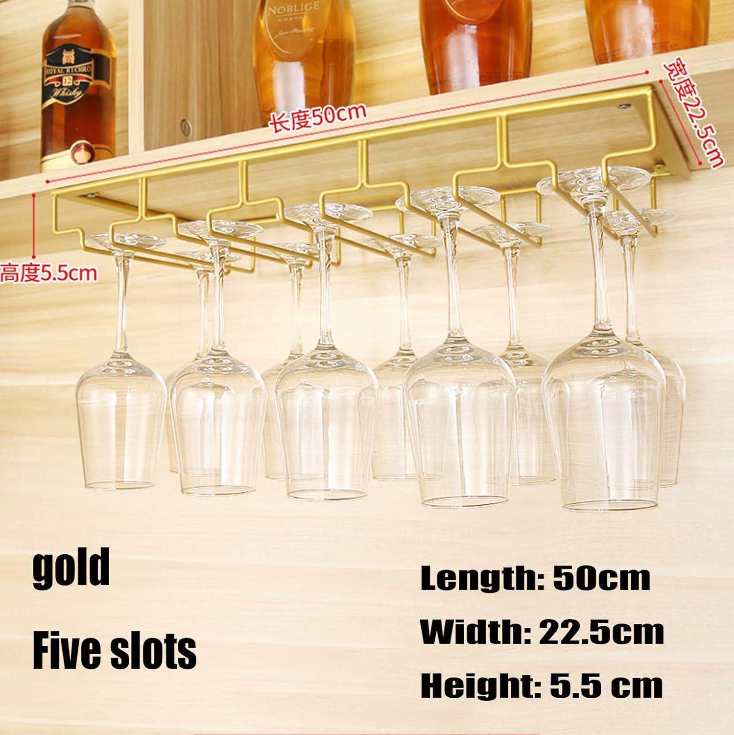 WORDFUN 5-Row Wine Glass Holder Gold Metal