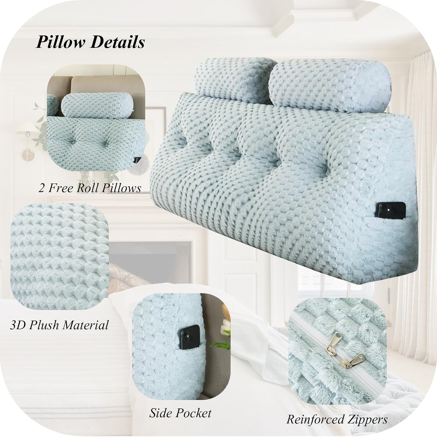 Gpround Wedge Headboard Pillow Set with 2 Roll Pillows