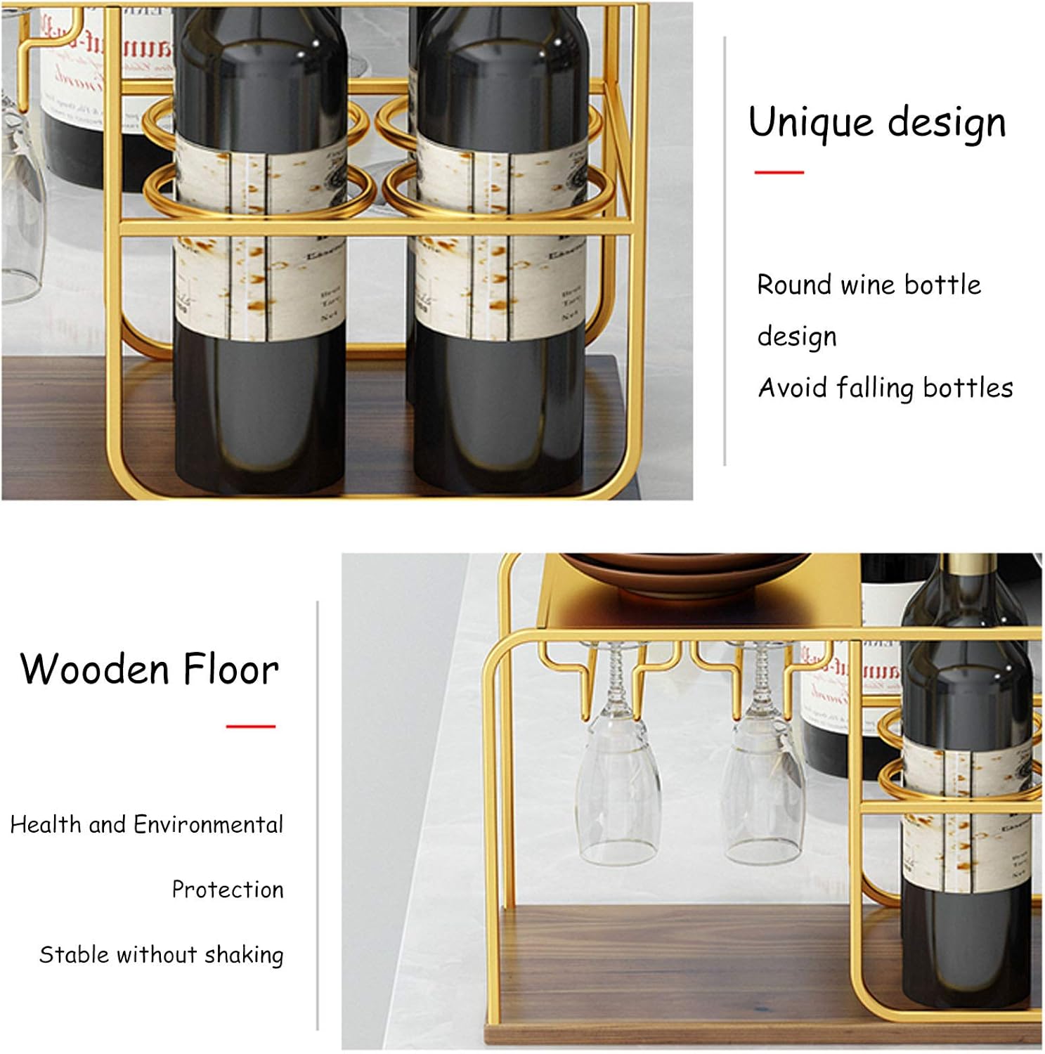 BOCbco Gold Freestanding Wine Rack with 4 Bottles and 4 Glasses