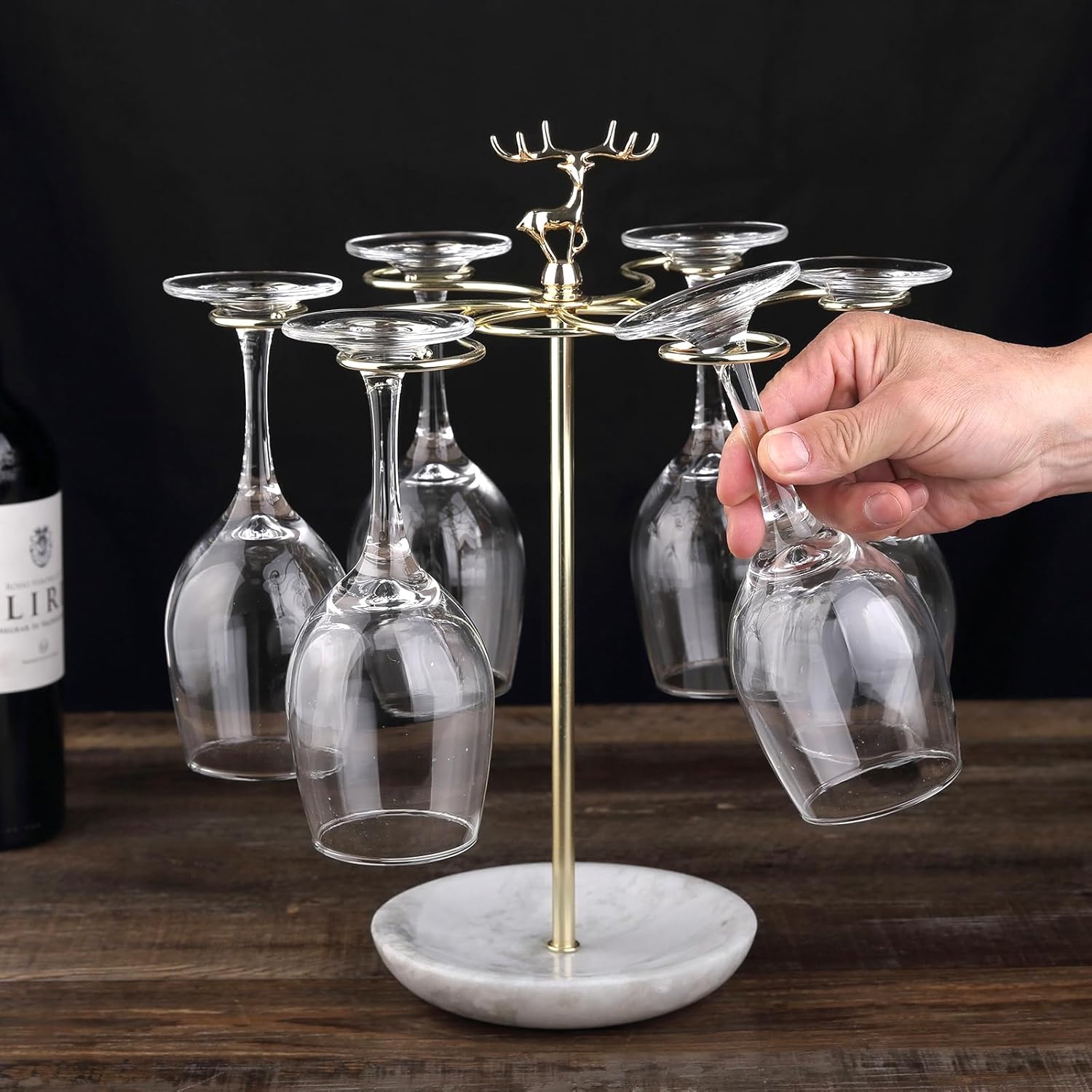 Wine Glass Holder with Marble Base and 6 Hooks