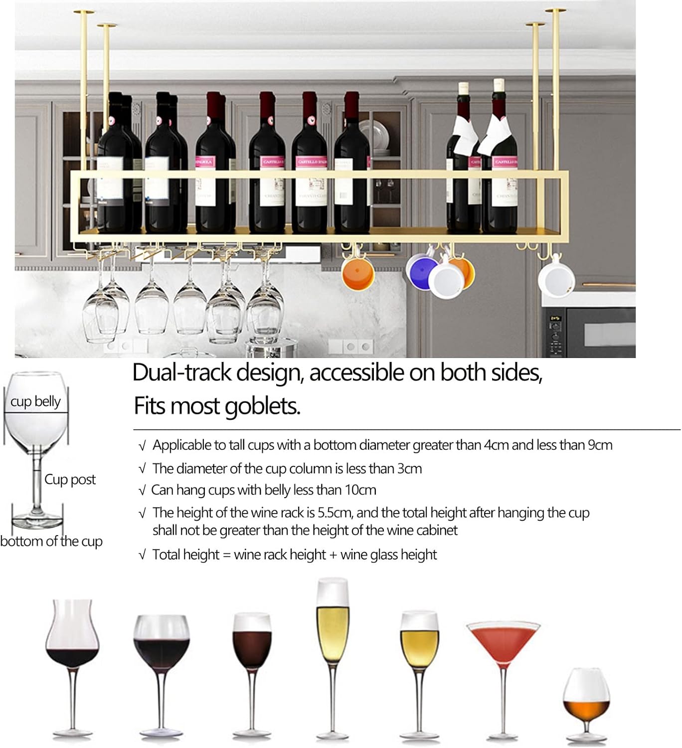 Suuim Gold Wine Glass Rack Ceiling Holder for Kitchen and Bar