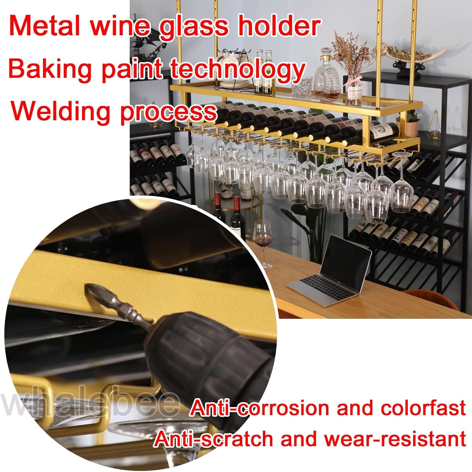 Whalebee Wine Glass Rack Ceiling Mount Gold Adjustable