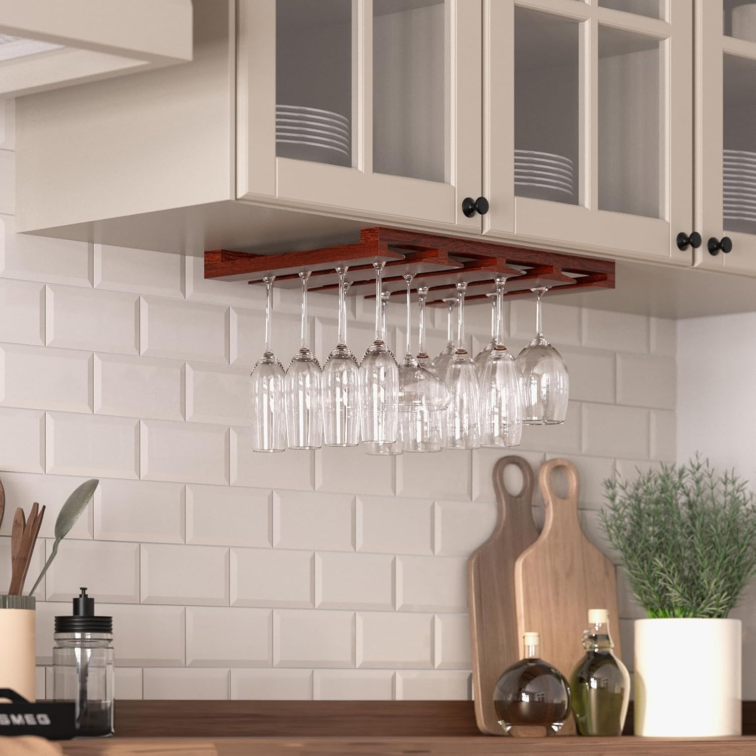 Rustic State 4 Sectional Under Cabinet Wood Stemware Rack