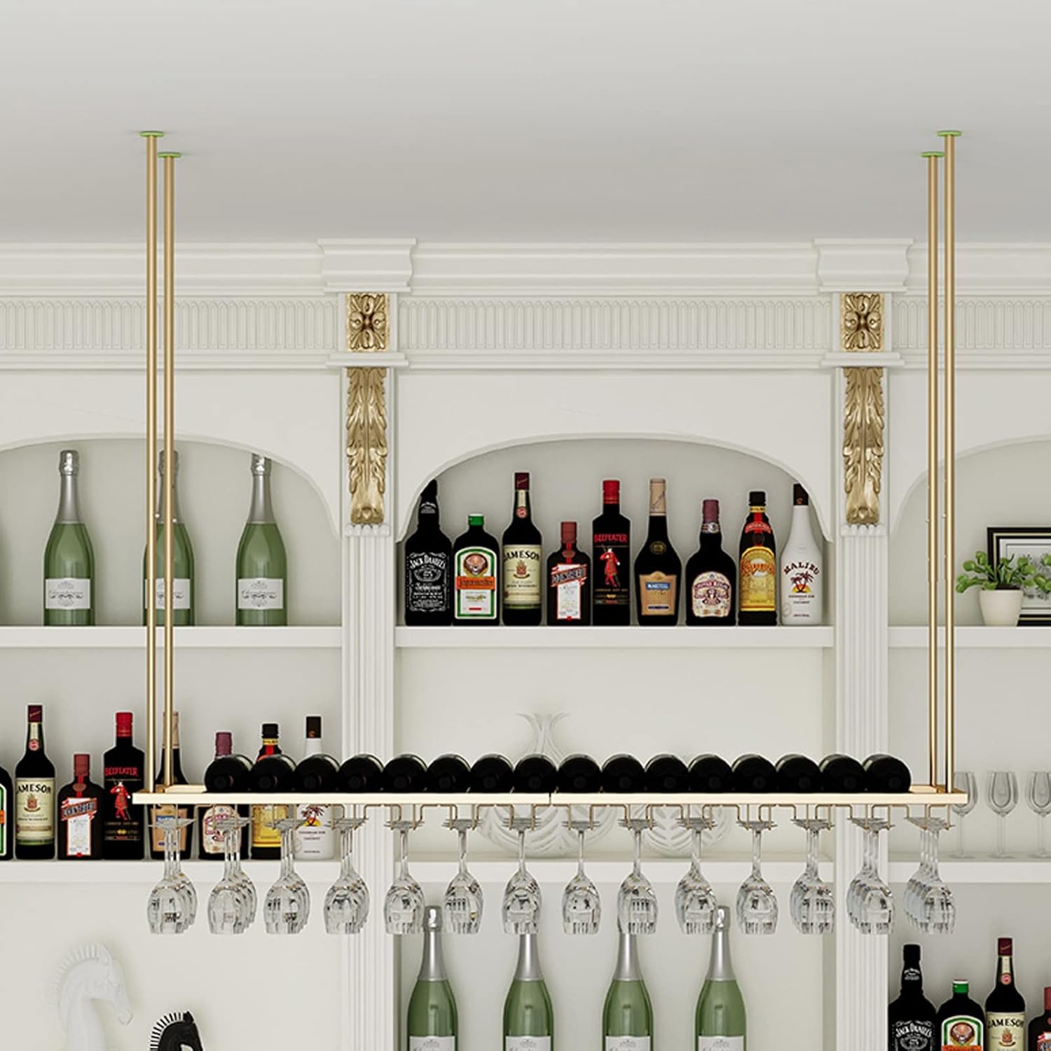 DASHADAO Gold Hanging Wine Glass Rack with Bottle Holder