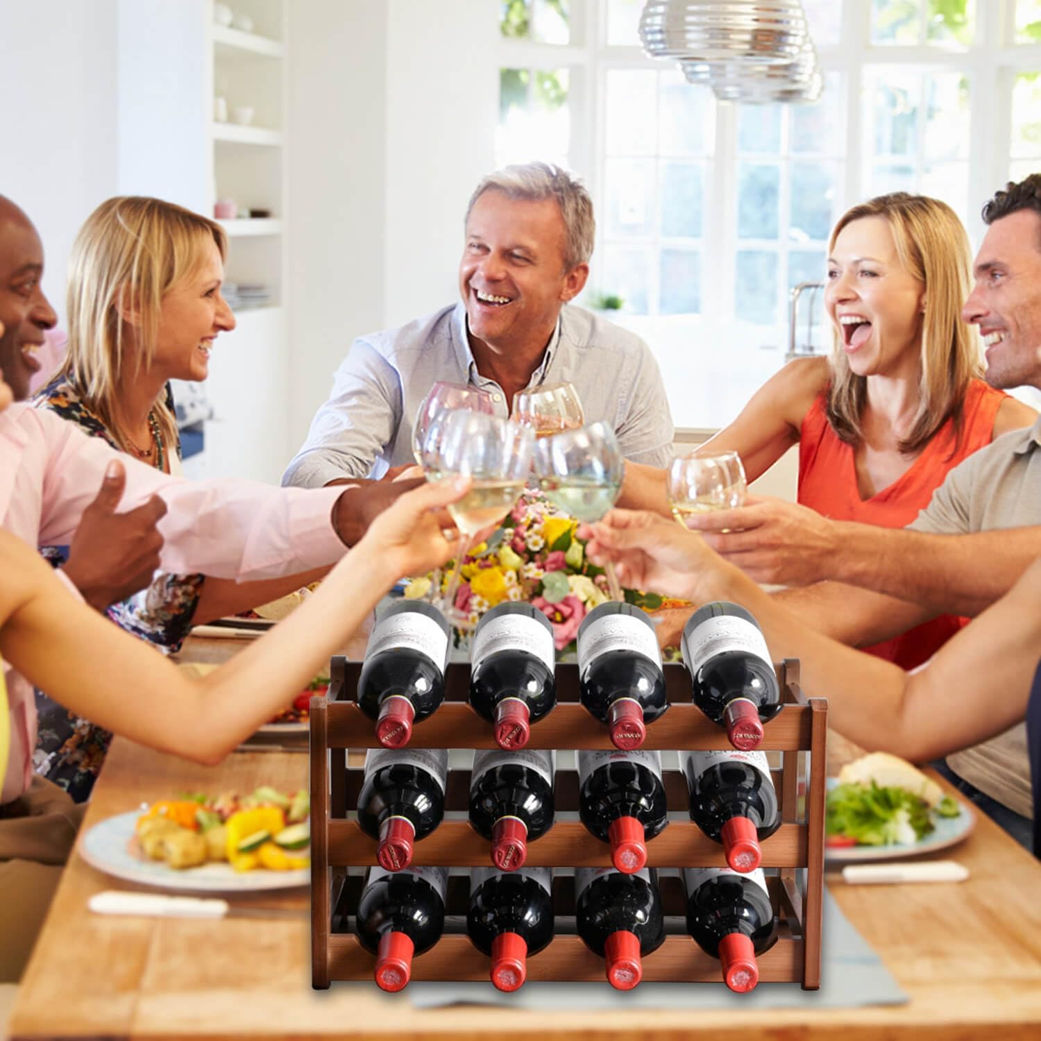 RUIQINQI 12 Bottle Wooden Wine Rack with 3 Tiers