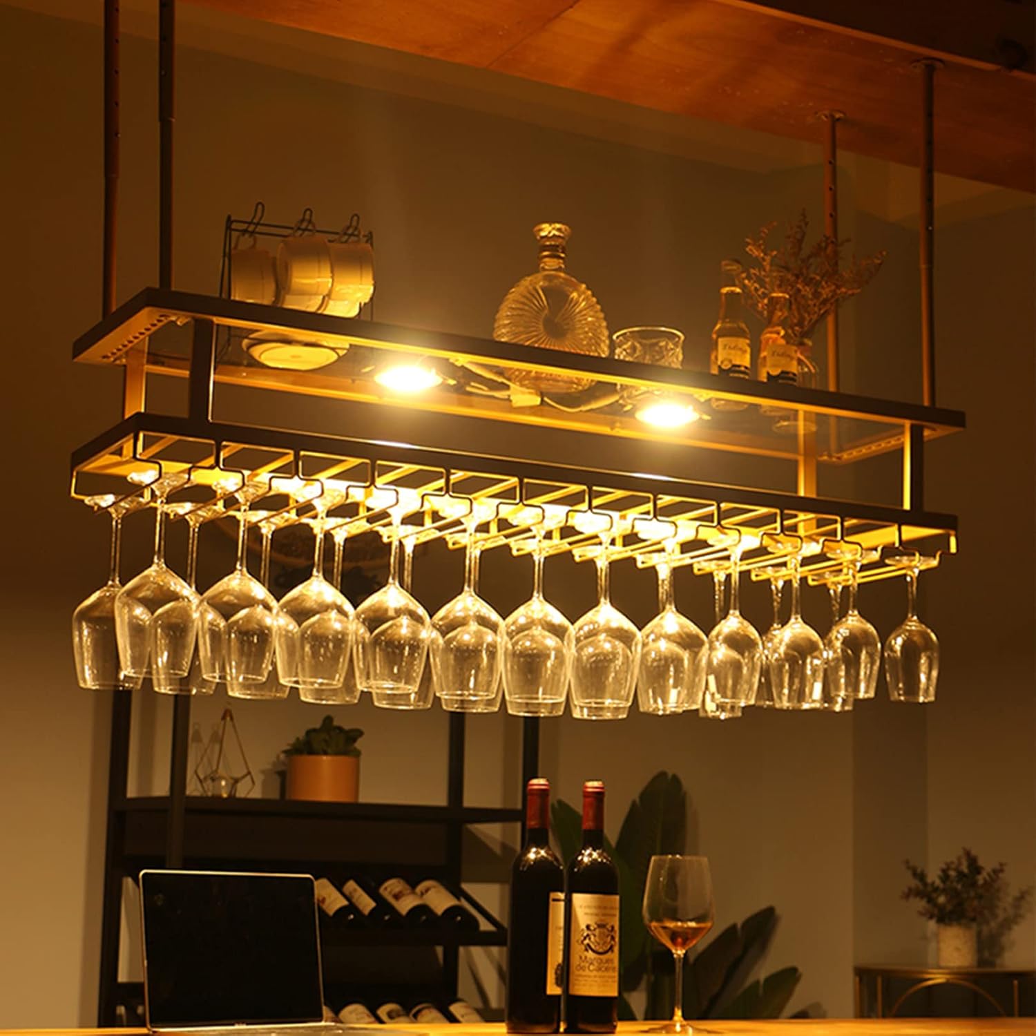 Adjustable Metal Ceiling Wine Rack with Lights