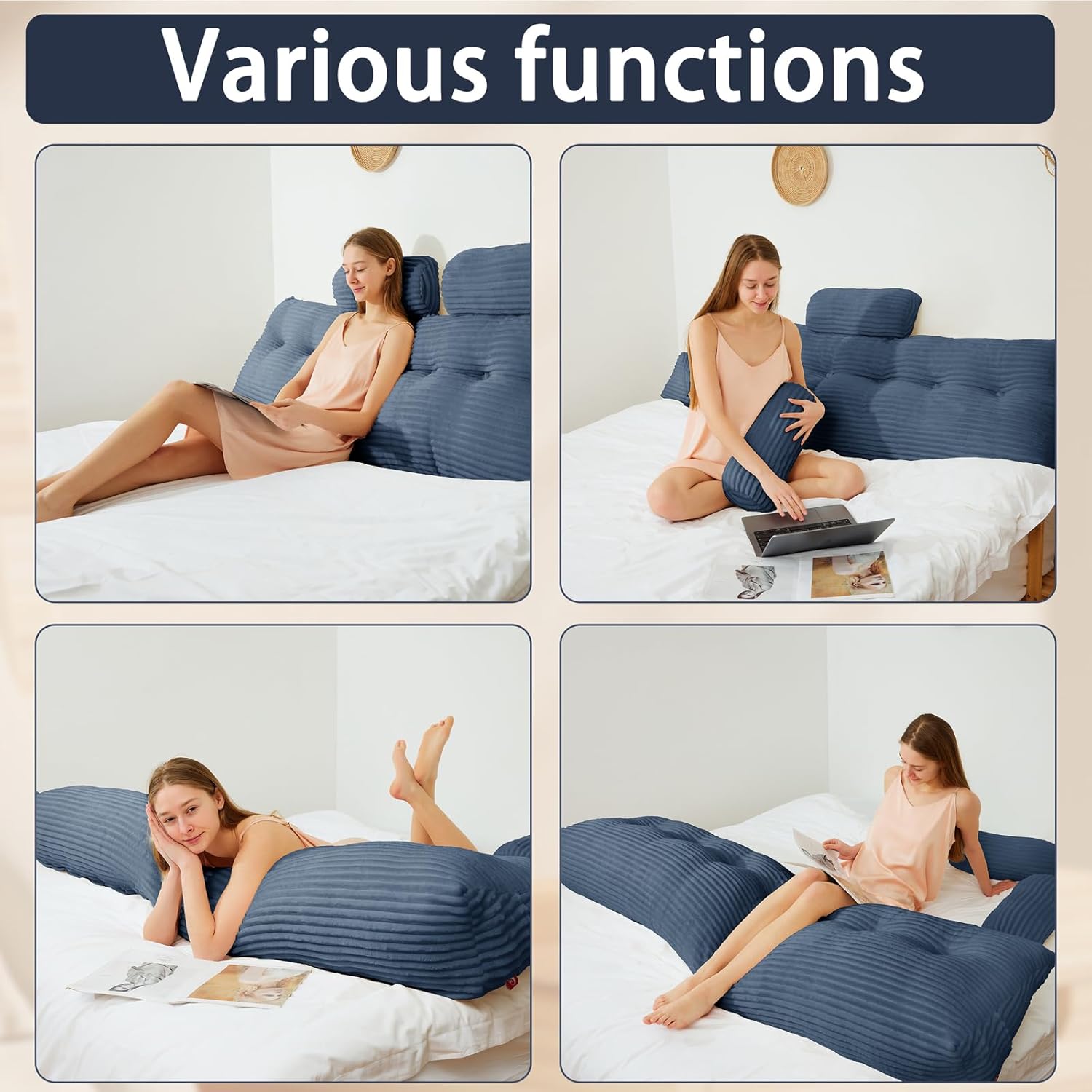 Soft Supportive Headboard Pillow with Neck Roll and Removable Cover