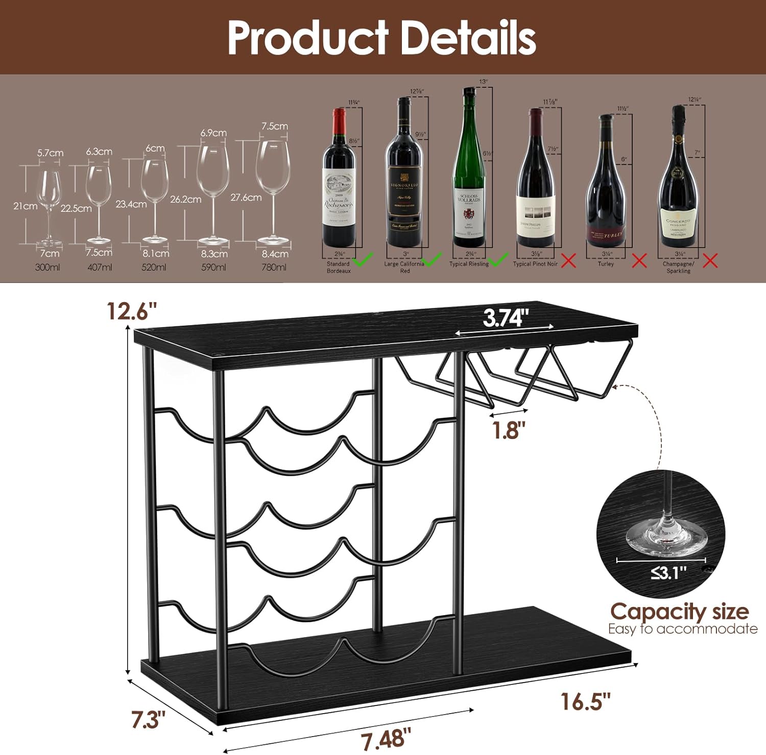 Nuovoware 2 in 1 Wine Rack for 6 Bottles 4 Glasses Black