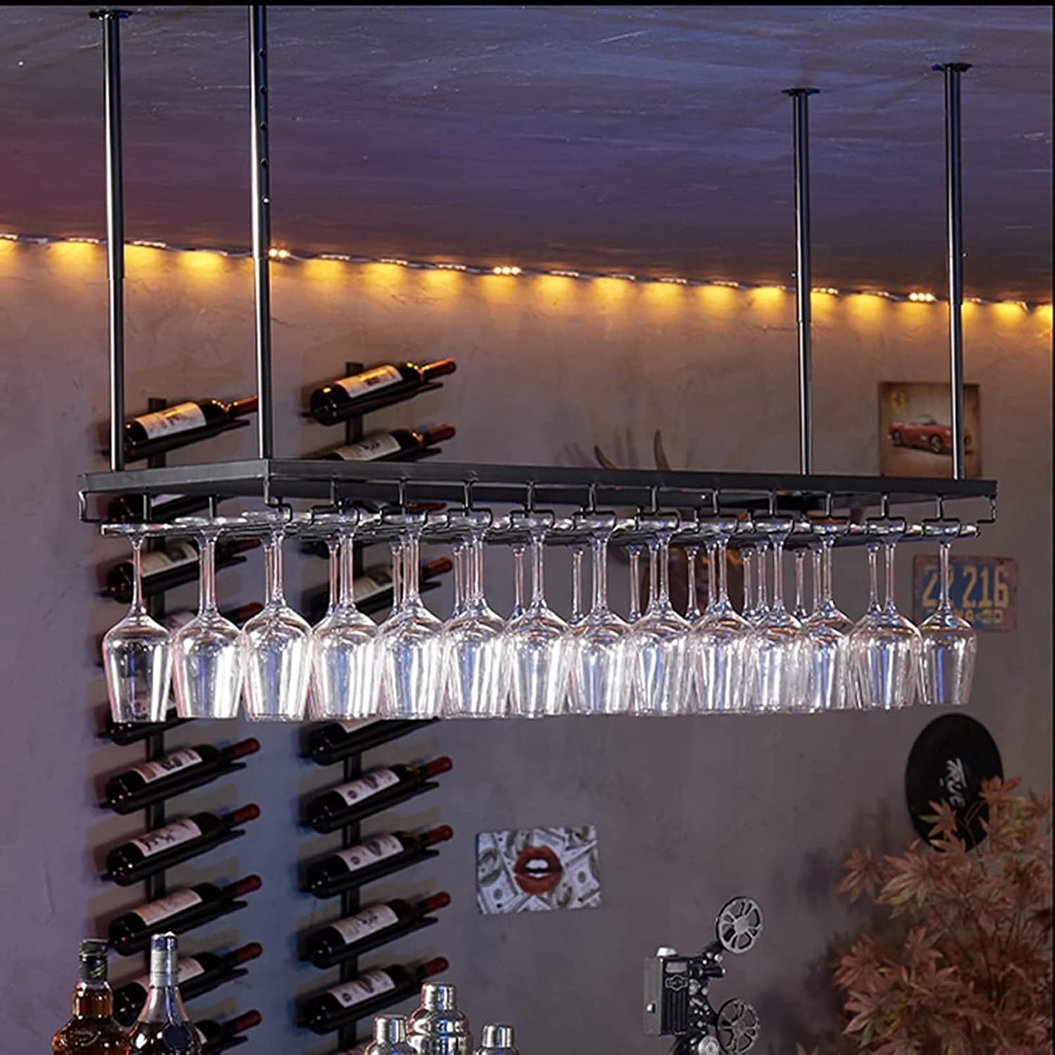 Adjustable Wall-Mounted Wine Glass Rack 118-236In Black Metal Ceiling Holder