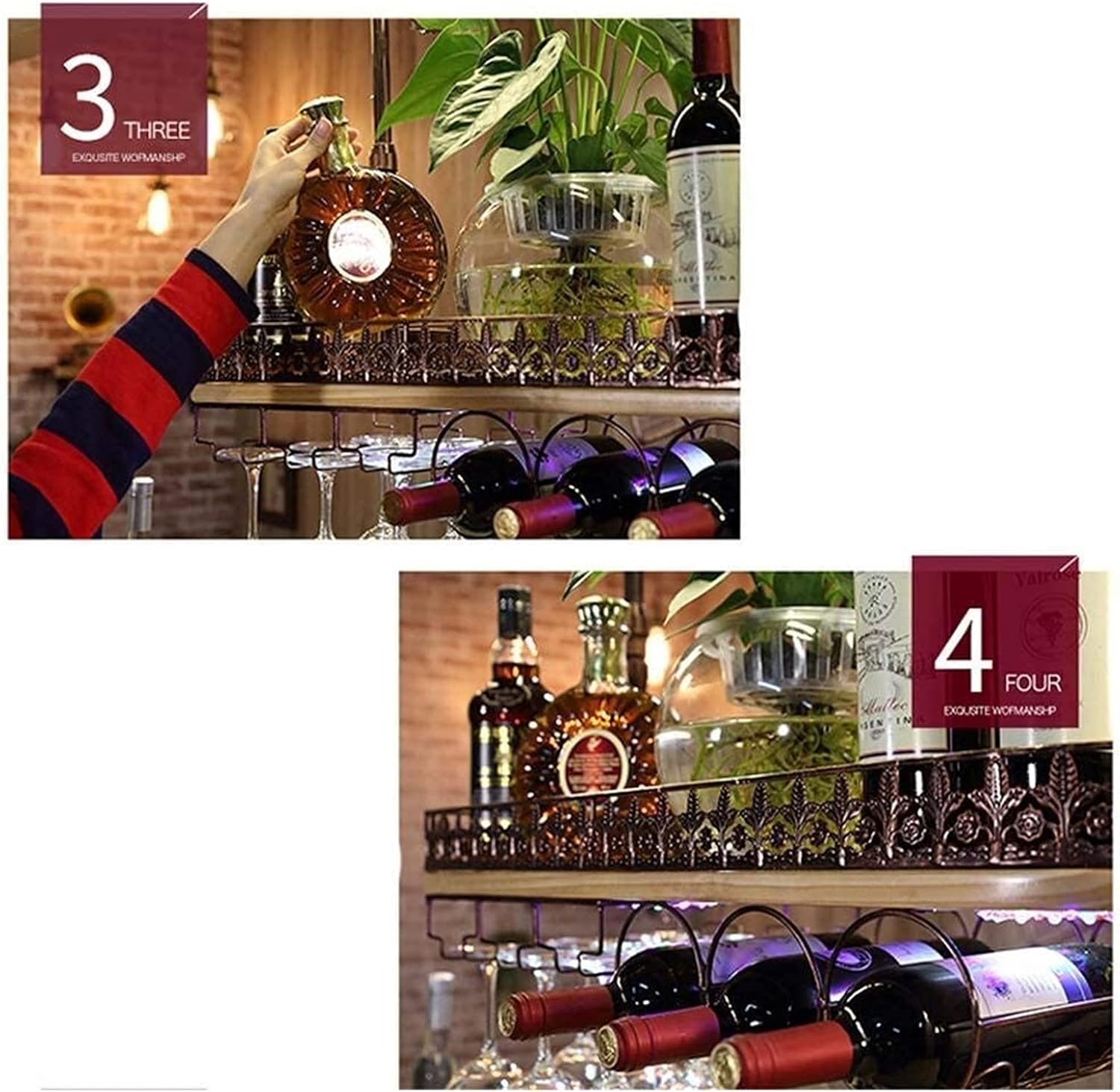 Ceiling Hanging Wine Rack with Glass Holder Shelf