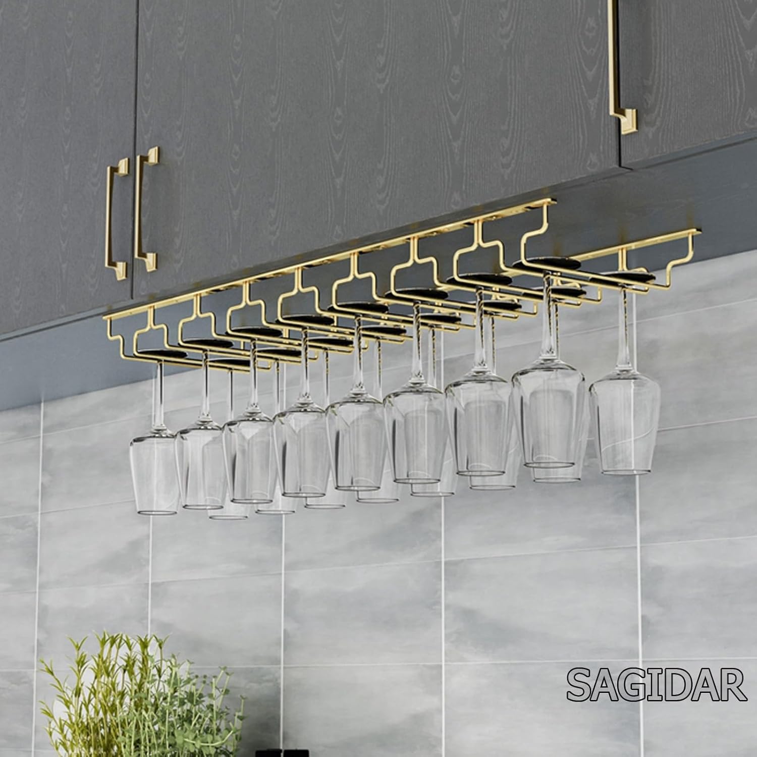 SAGIDAR Stainless Steel Wine Glass Organizer Under Cabinet Stemware Rack