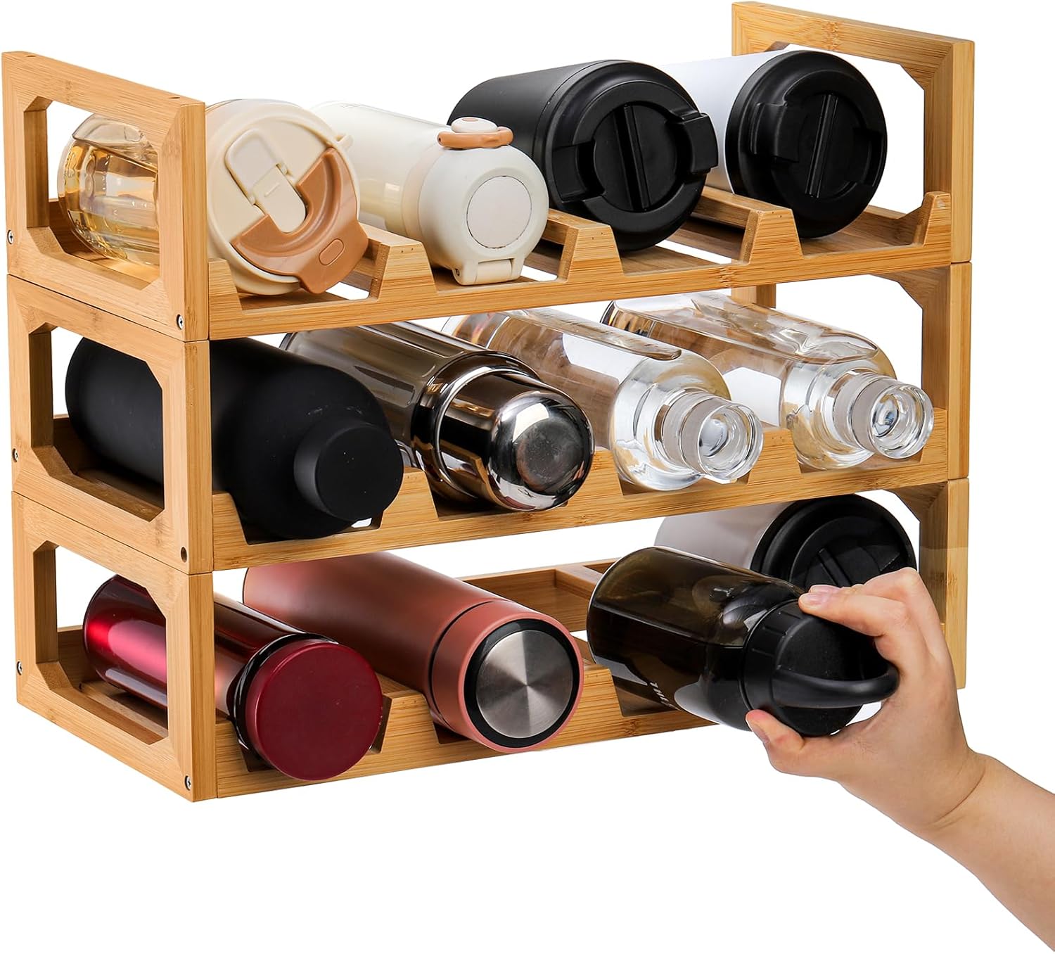 3 Tier Bamboo Water Bottle Organizer for Kitchen Cabinet