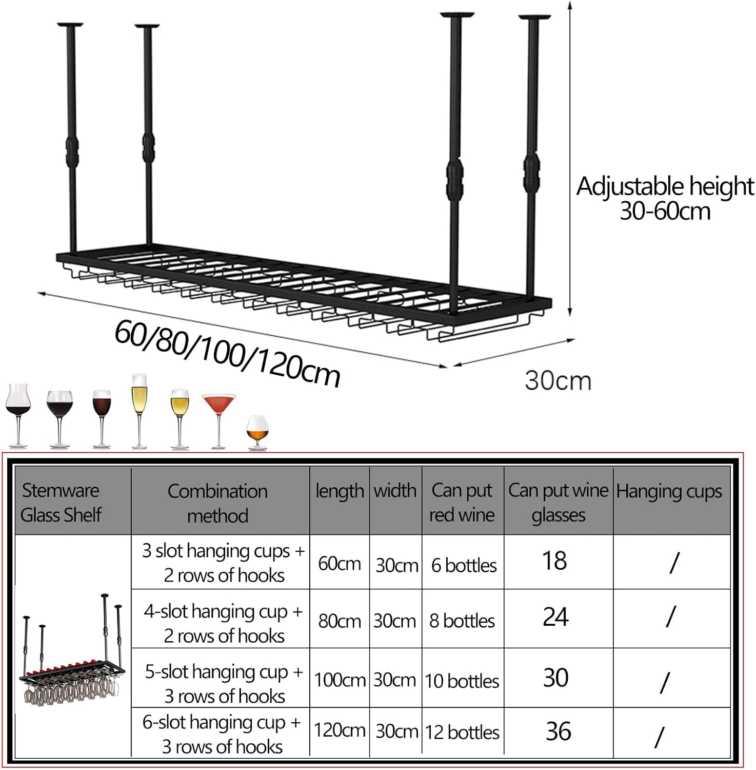 Suuim Metal Hanging Wine Glass Rack with Adjustable Ceiling Mount