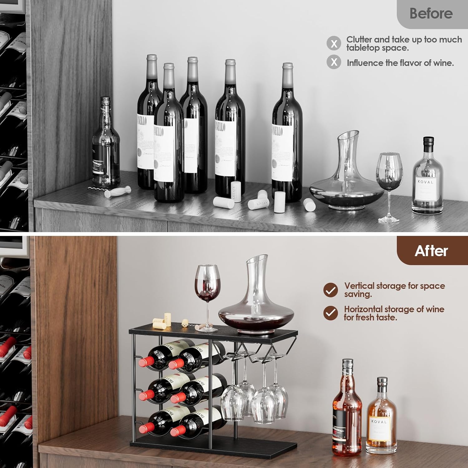 Nuovoware 2 in 1 Wine Rack for 6 Bottles 4 Glasses Black