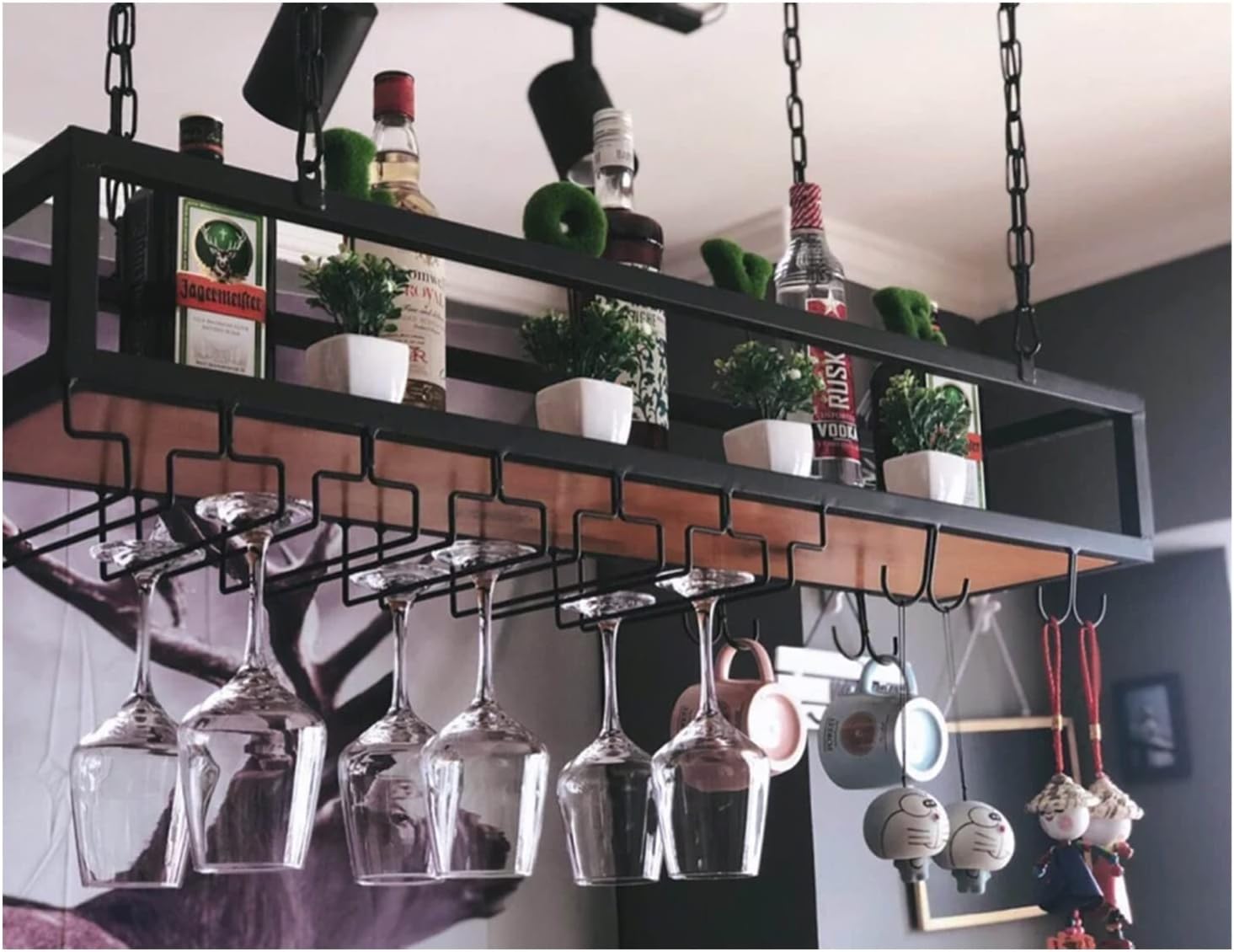 ZJDYDY Adjustable Ceiling Wine Rack and Glass Holder Black