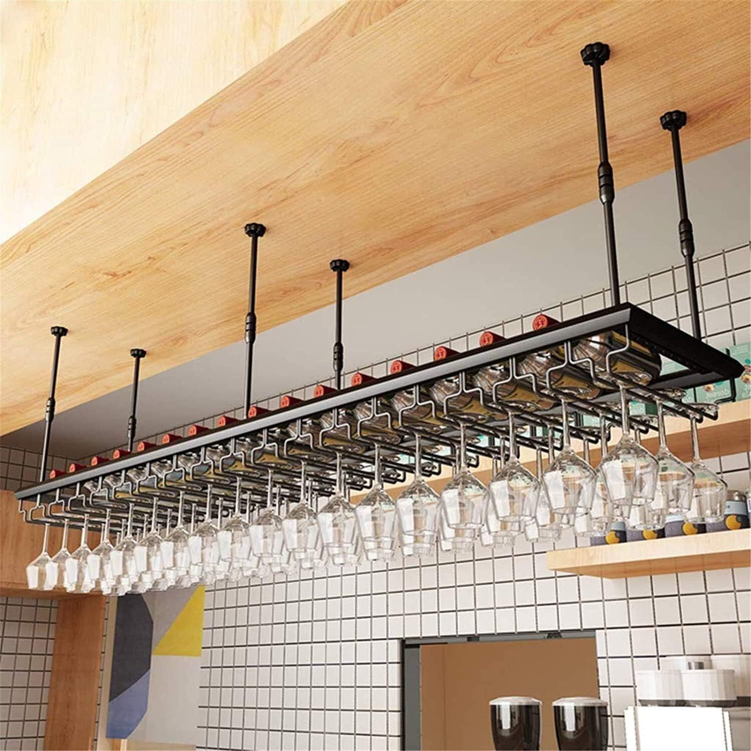 Ceiling Hanging Wine Rack with Glass Holder Shelf 2-in-1