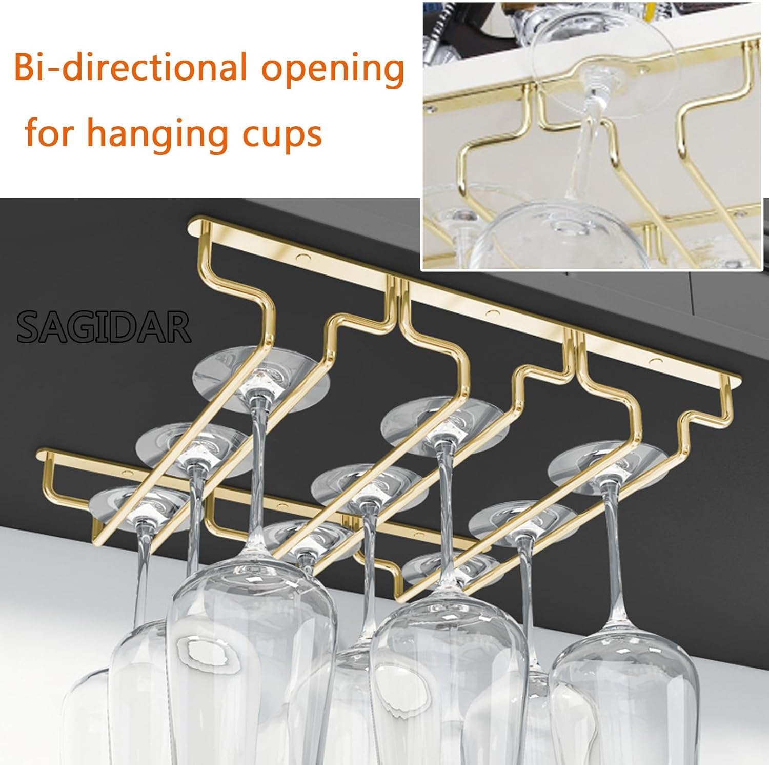 SAGIDAR Stainless Steel Wine Glass Holder Under Cabinet Rack 345cm-91cm