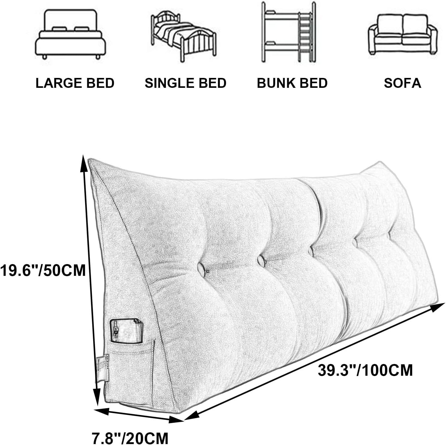 Large Triangular Reading Wedge Pillow for Bed and Daybed
