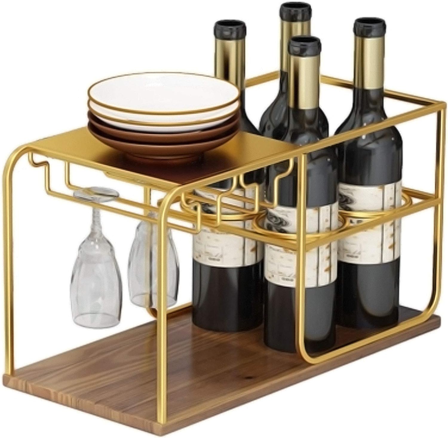 BOCbco Gold Freestanding Wine Rack with 4 Bottles and 4 Glasses