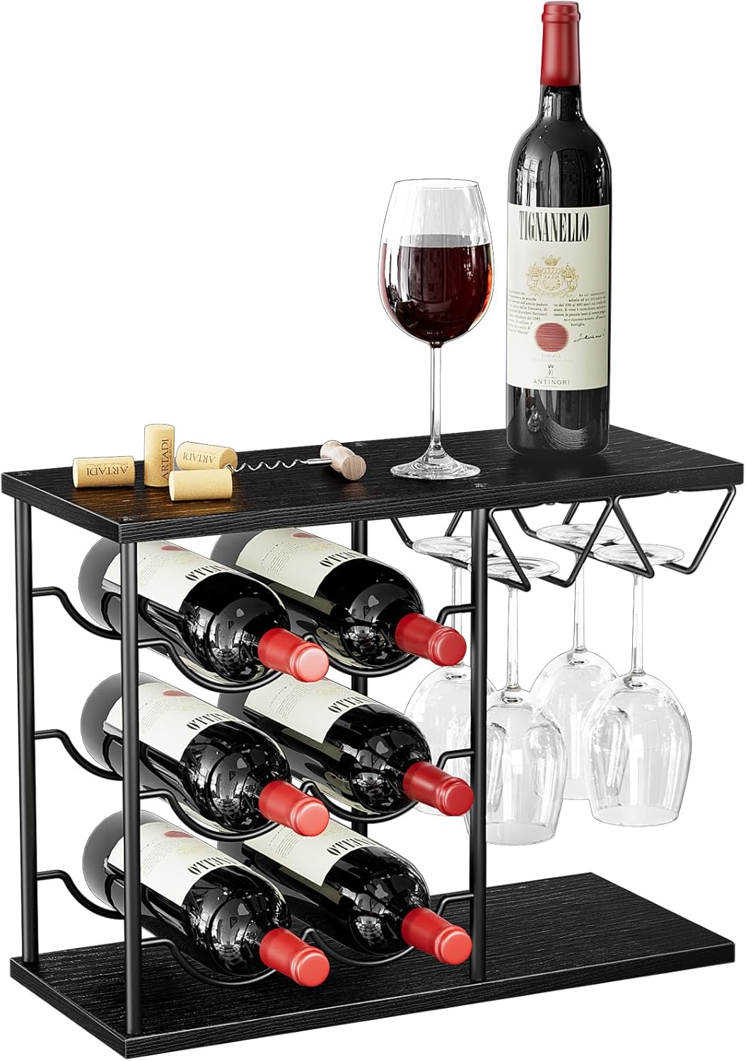 Nuovoware 2 in 1 Wine Rack for 6 Bottles 4 Glasses Black