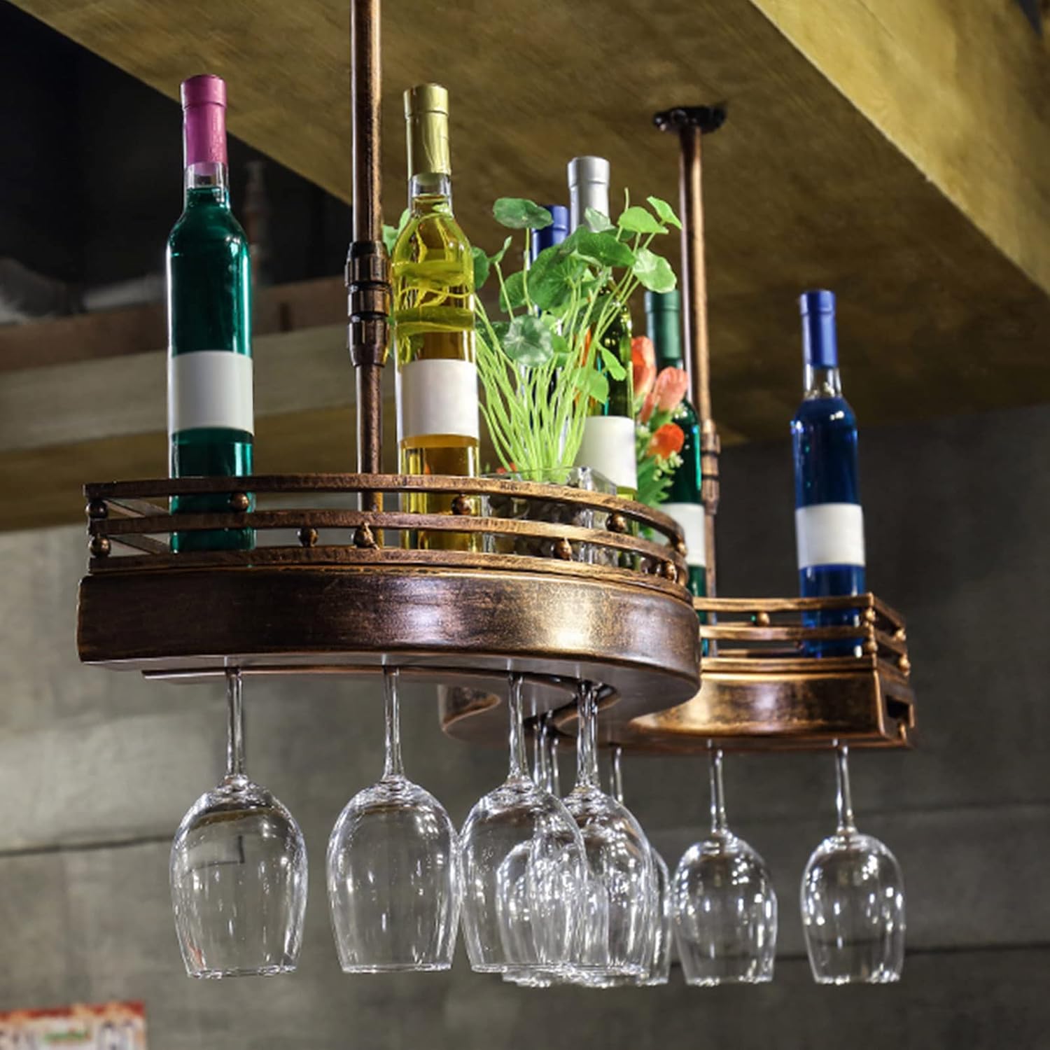 LUCEAE 2-Layer Hanging Wine Rack Wall-Mounted Space-Saving Iron Sturdy