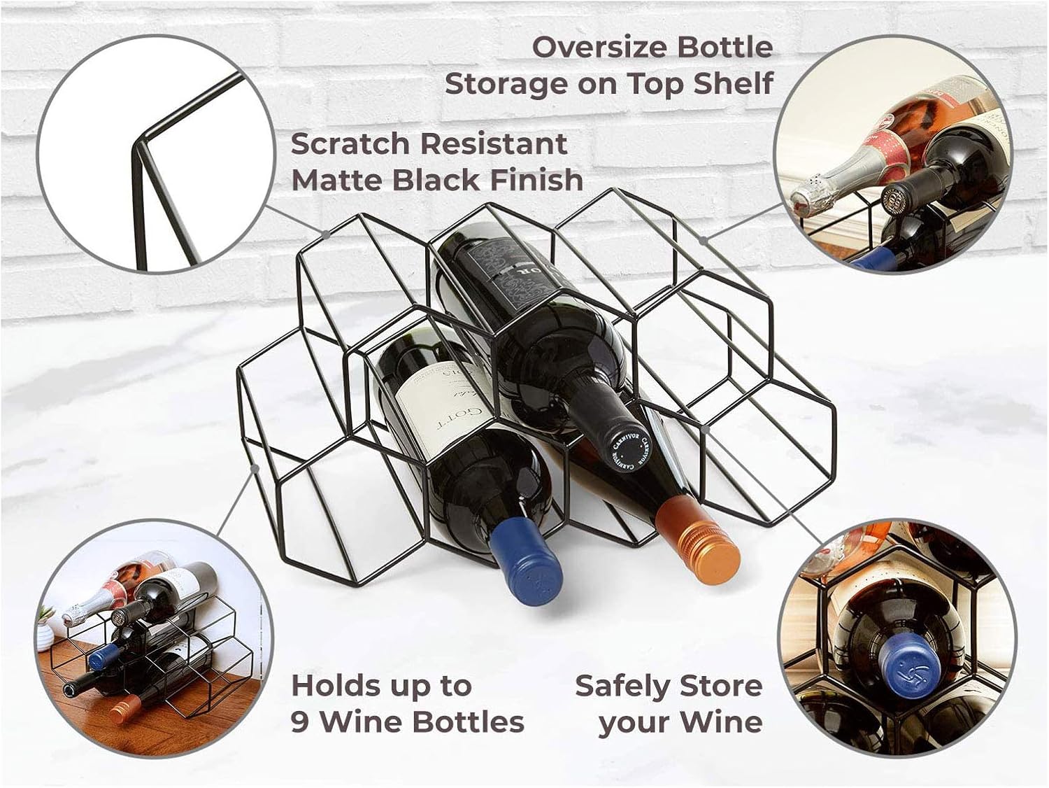 BOCbco Metal Wine Rack - Freestanding 9 Bottle Holder with Geometric Design Black