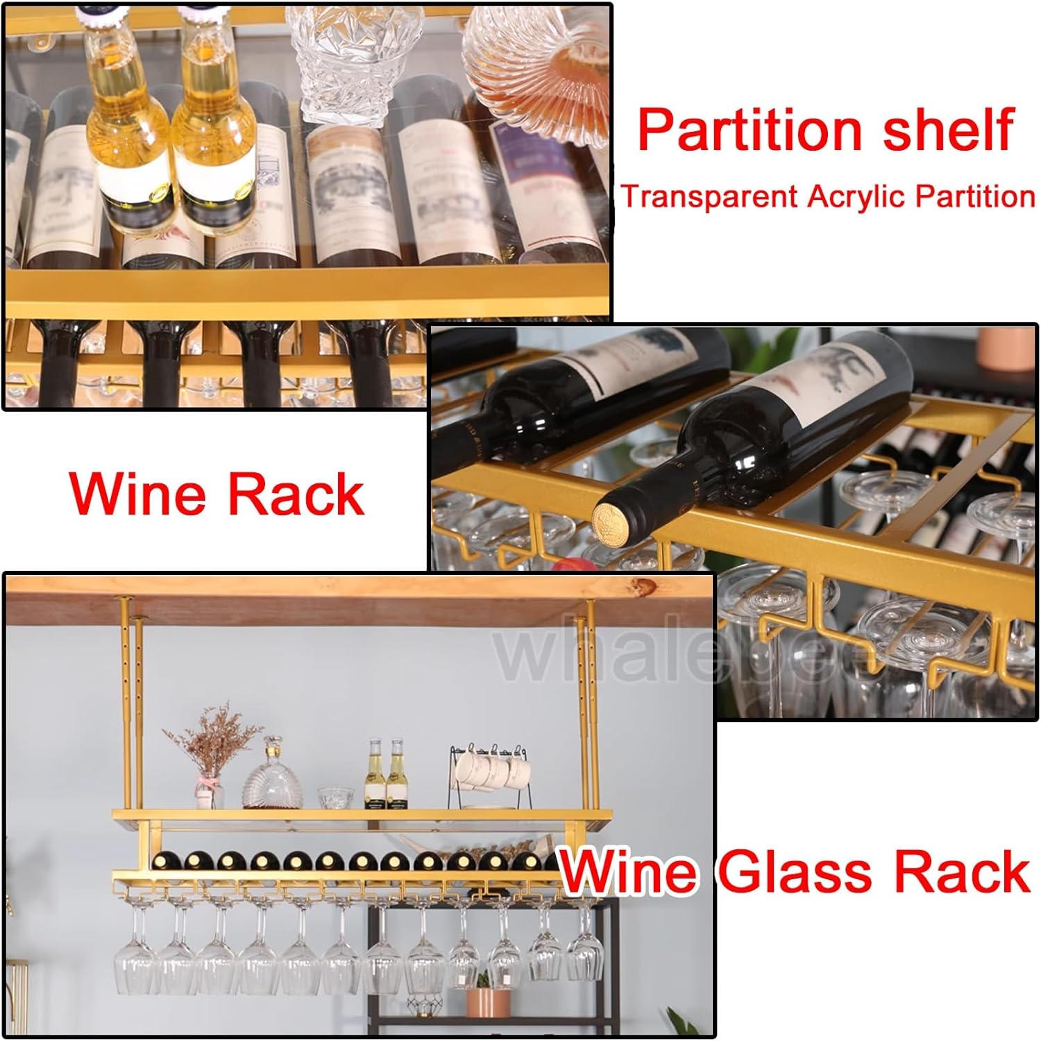 Whalebee Wine Glass Rack Ceiling Mount Gold Adjustable