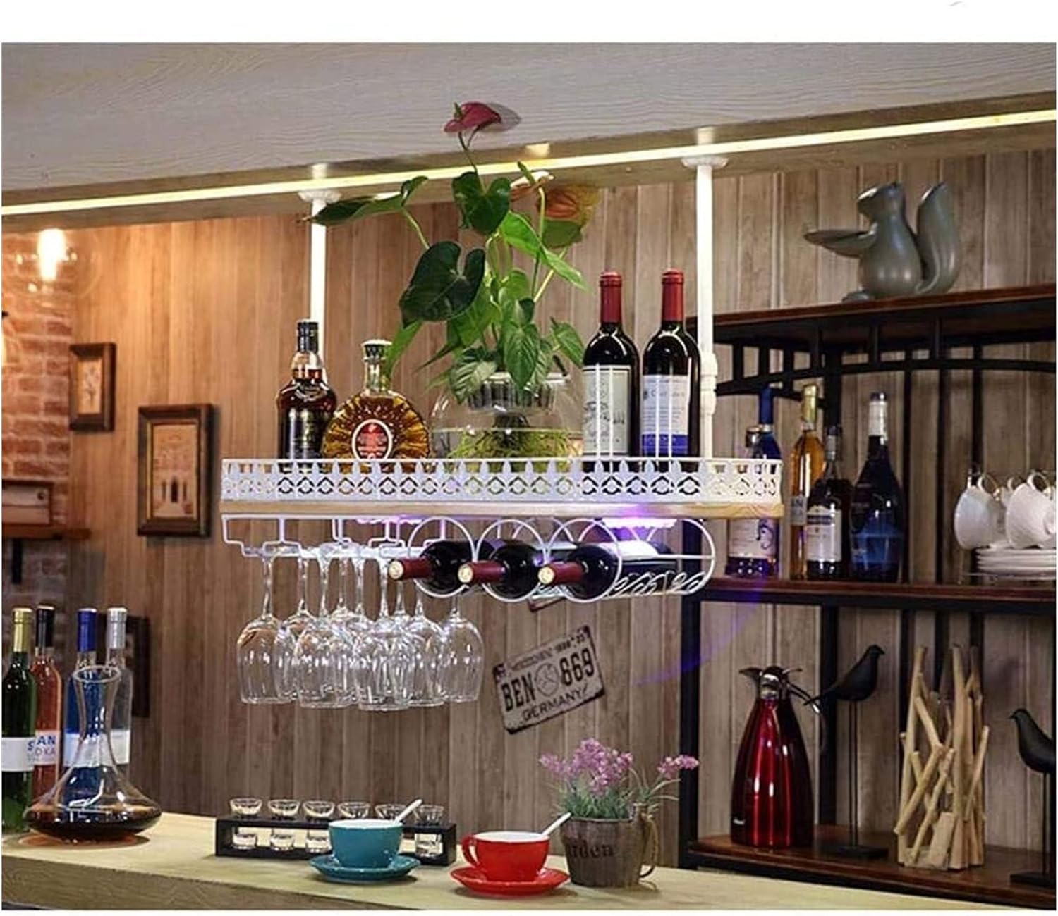 Ceiling Hanging Wine Rack with Glass Holder Shelf